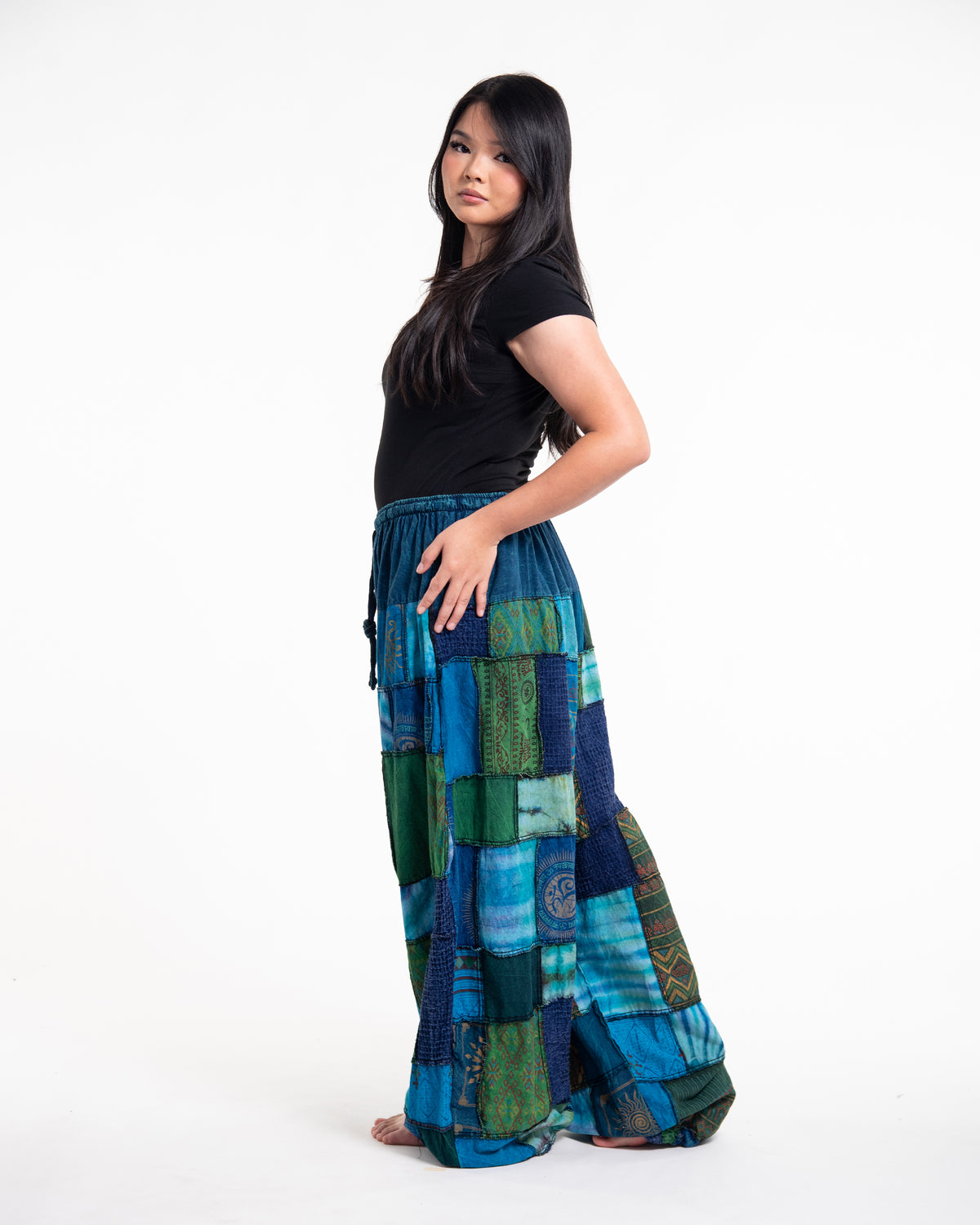 Plus Size Women's Patchwork Stone Washed Balloon Cotton Pants in Blue
