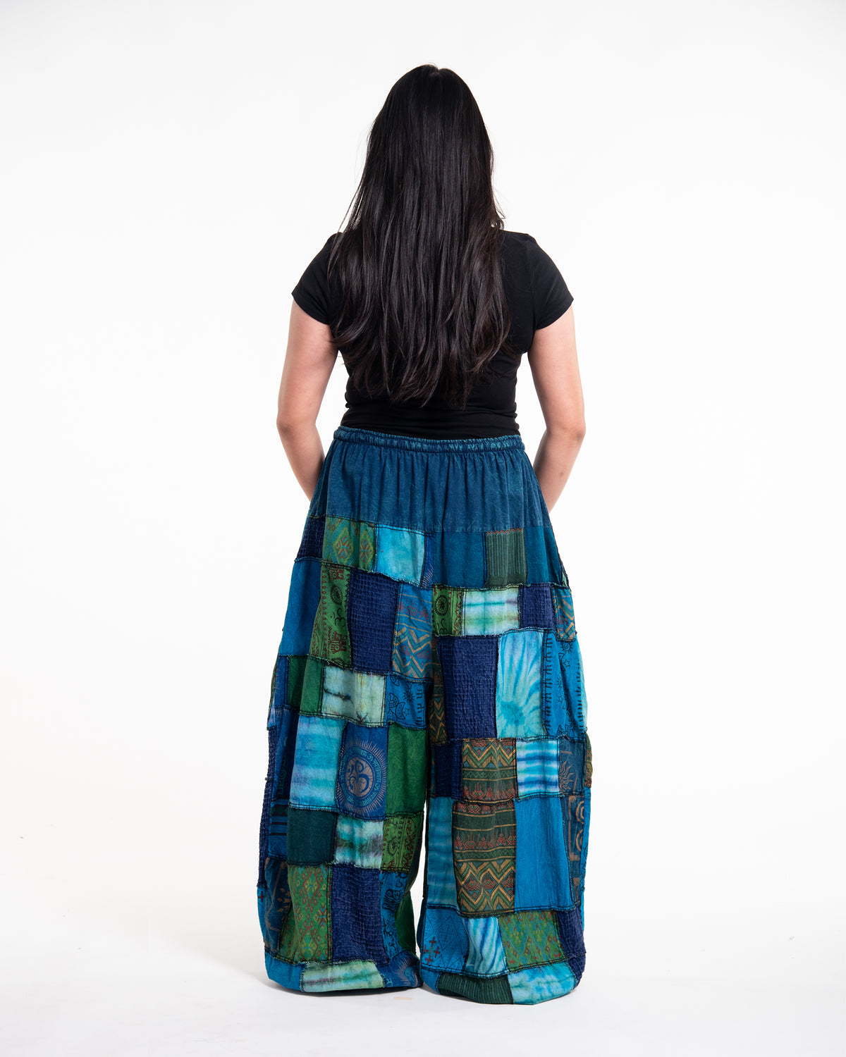 Plus Size Women's Patchwork Stone Washed Balloon Cotton Pants in Blue
