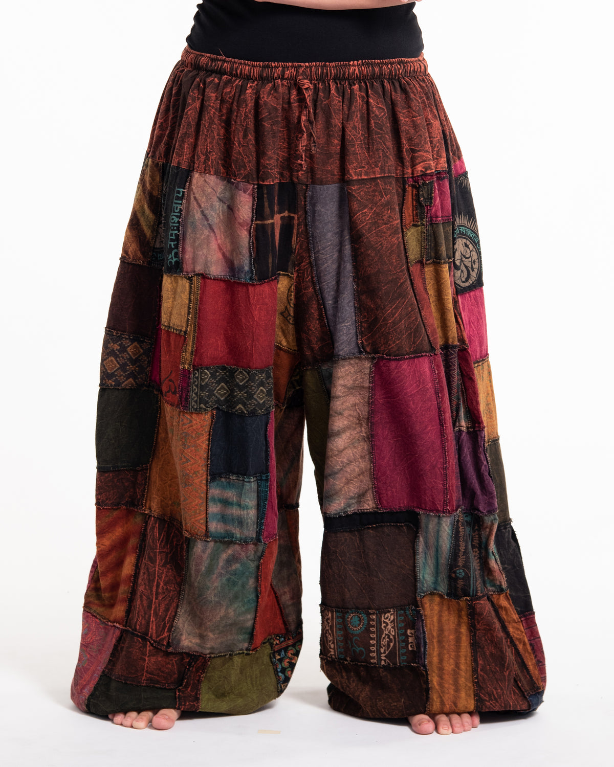 Plus Size Women's Patchwork Stone Washed Balloon Cotton Pants in Brown