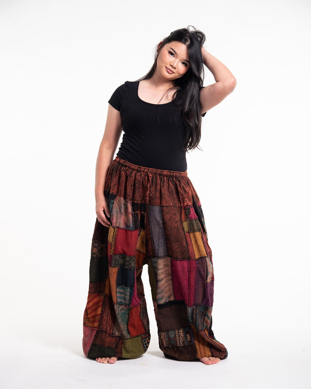 Plus Size Women's Patchwork Stone Washed Balloon Cotton Pants in Brown