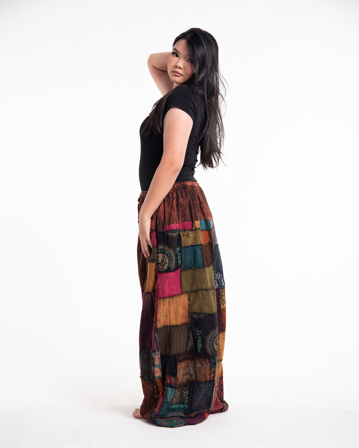 Plus Size Women's Patchwork Stone Washed Balloon Cotton Pants in Brown
