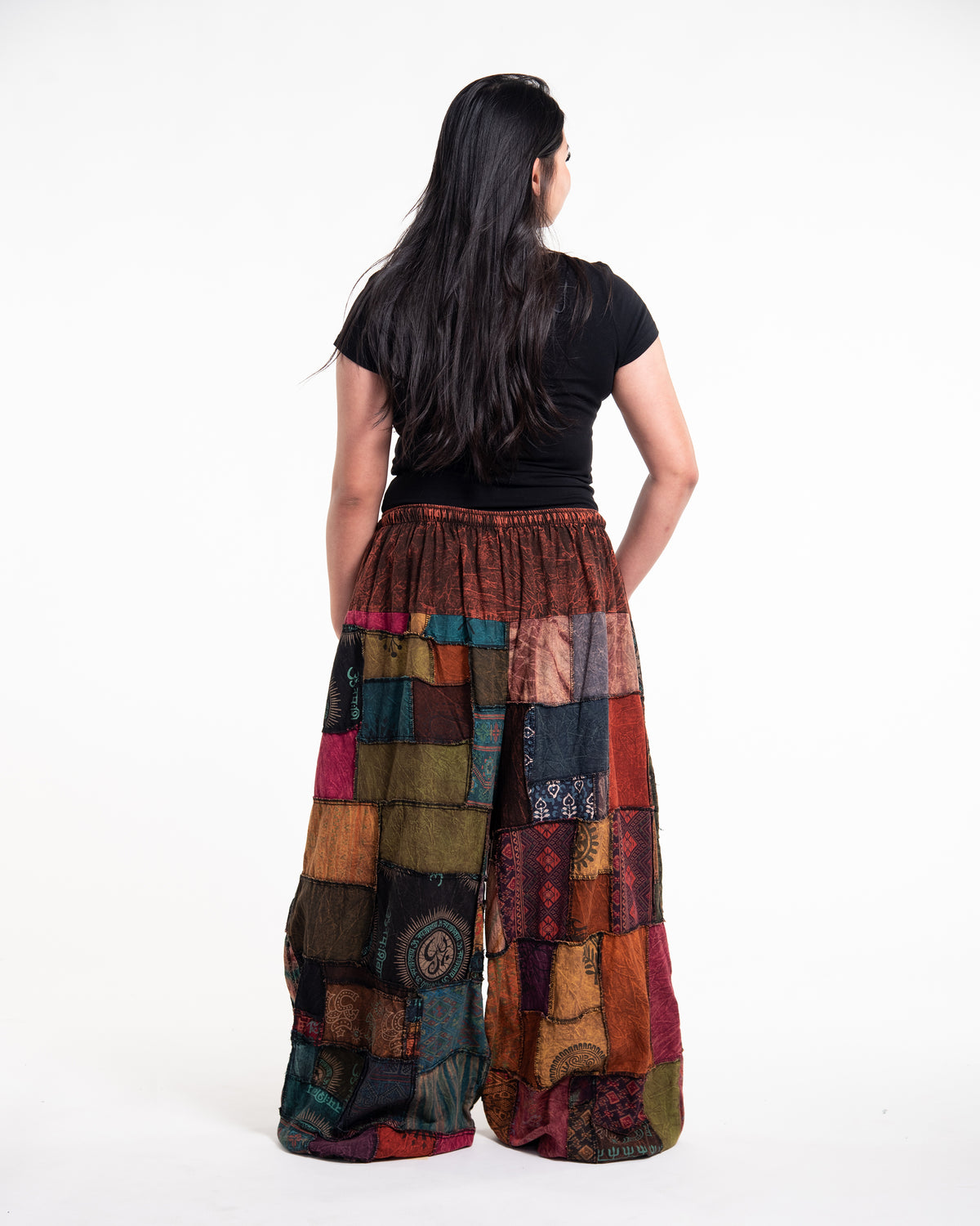 Plus Size Women's Patchwork Stone Washed Balloon Cotton Pants in Brown