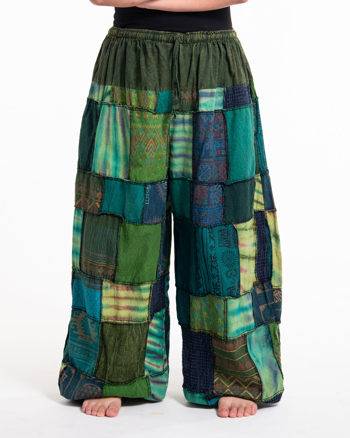 Plus Size Women's Patchwork Stone Washed Balloon Cotton Pants in Green