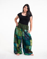 Plus Size Women's Patchwork Stone Washed Balloon Cotton Pants in Green