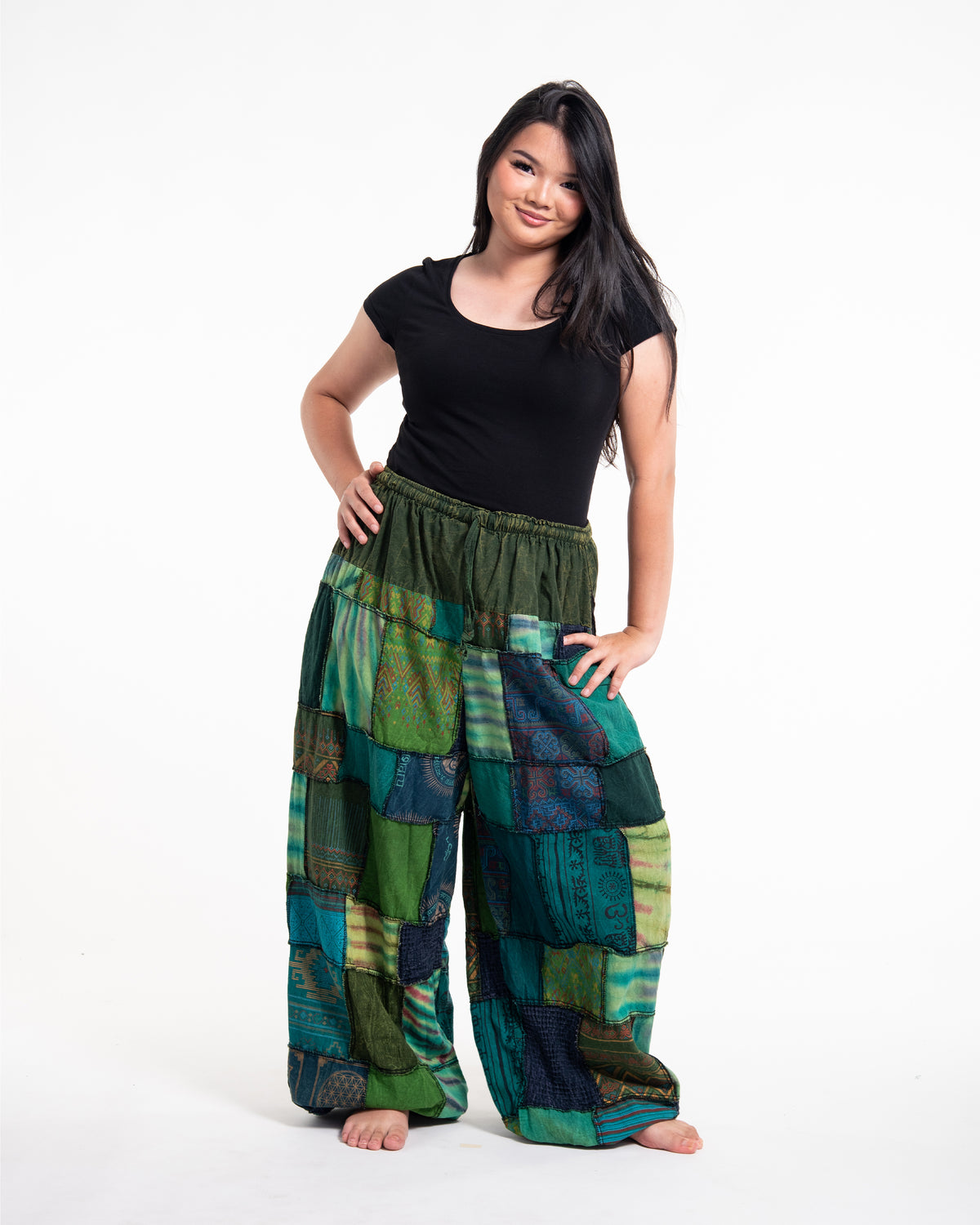 Plus Size Women's Patchwork Stone Washed Balloon Cotton Pants in Green