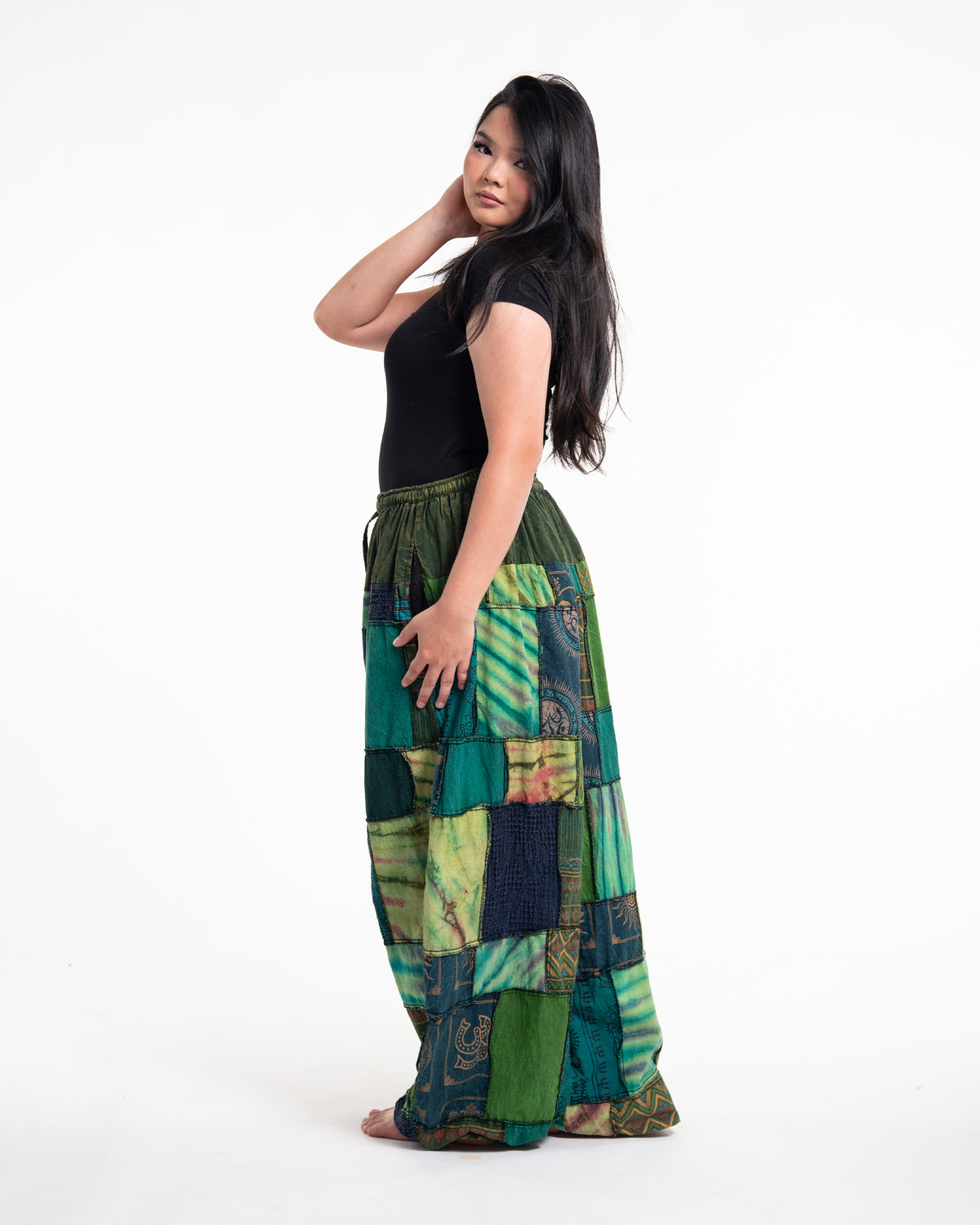 Plus Size Women's Patchwork Stone Washed Balloon Cotton Pants in Green
