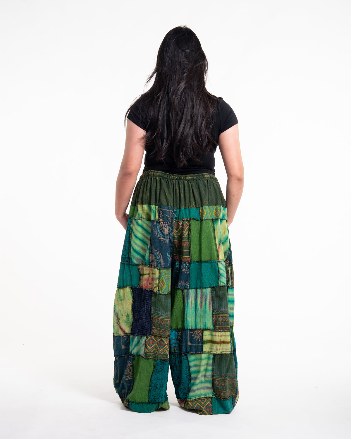 Plus Size Women's Patchwork Stone Washed Balloon Cotton Pants in Green