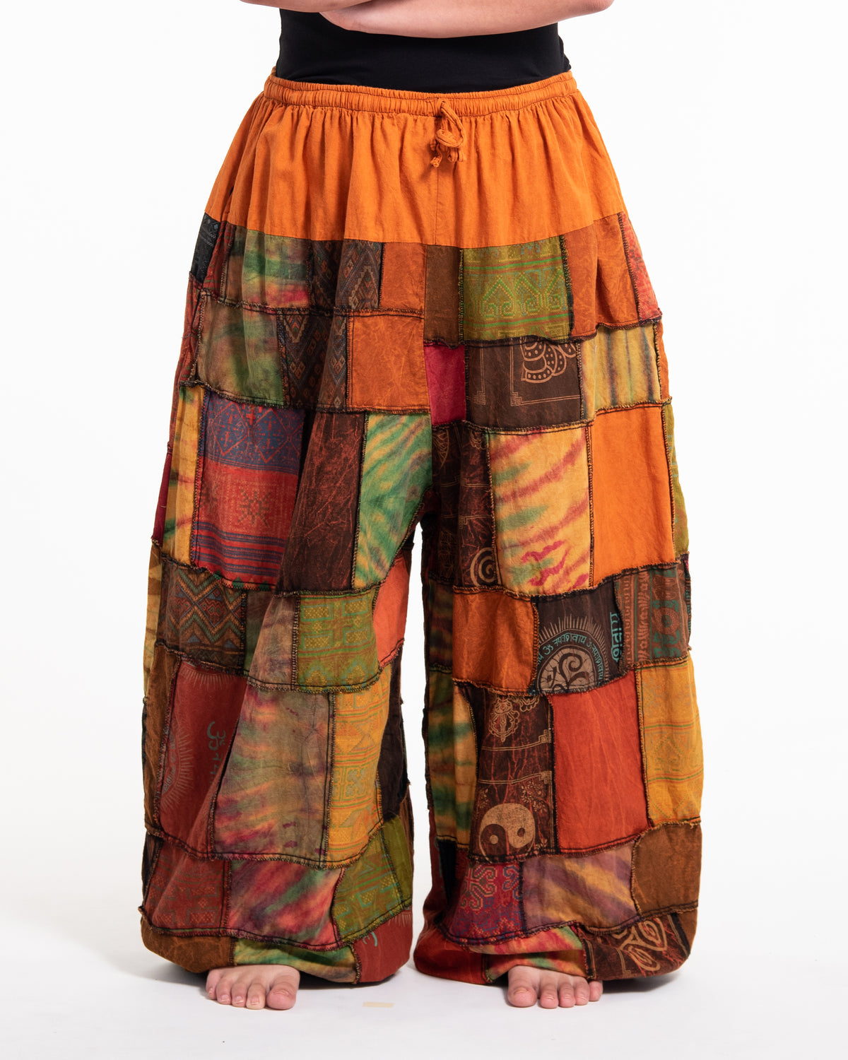Plus Size Women's Patchwork Stone Washed Balloon Cotton Pants in Orange