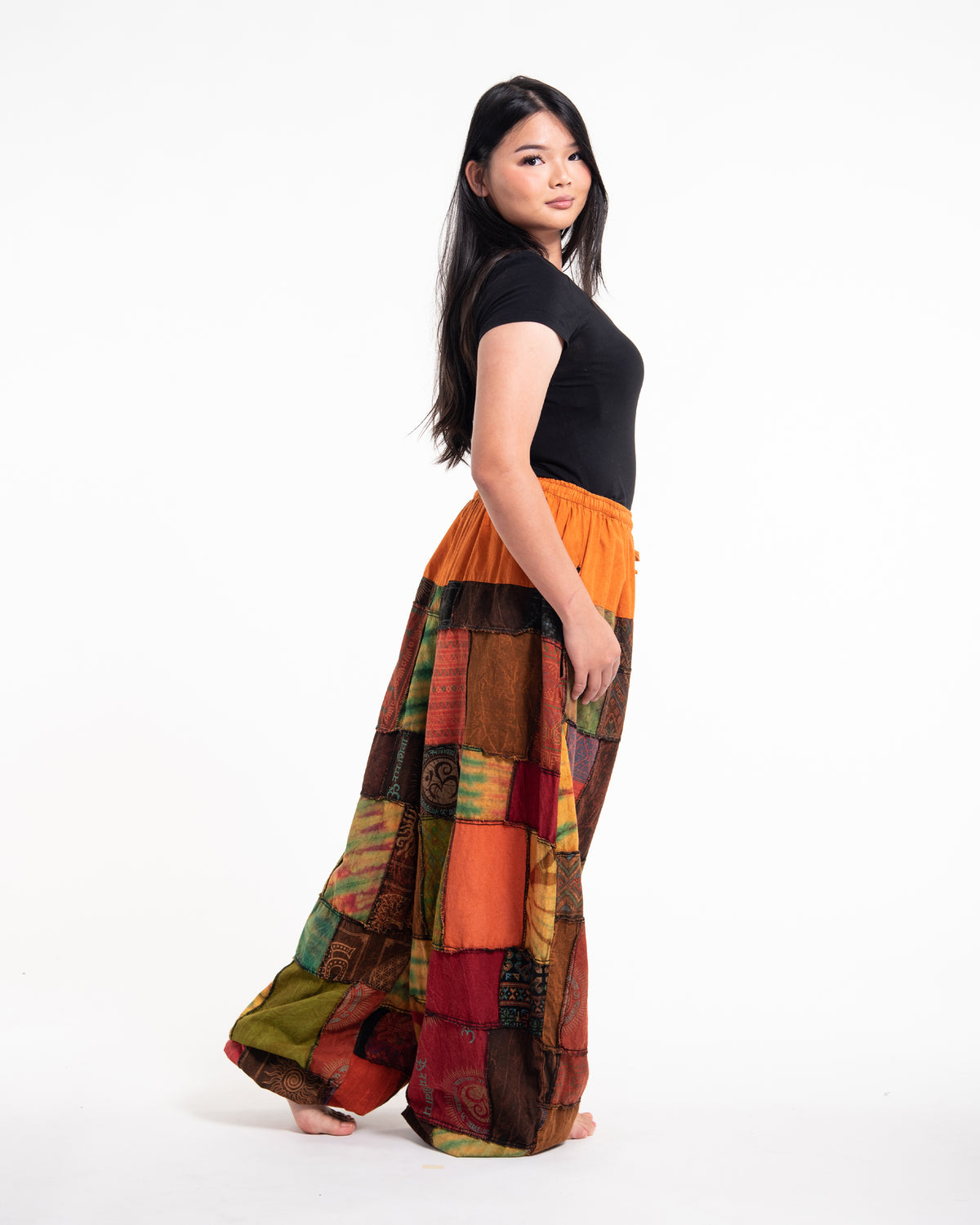 Plus Size Women's Patchwork Stone Washed Balloon Cotton Pants in Orange