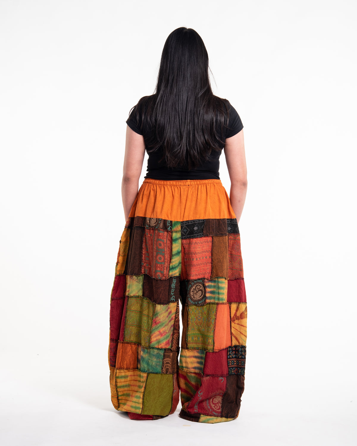 Plus Size Women's Patchwork Stone Washed Balloon Cotton Pants in Orange