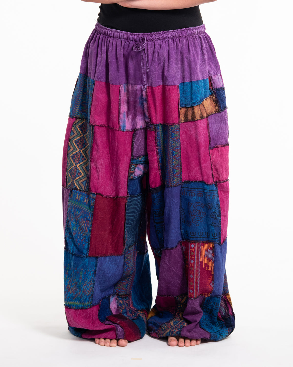 Plus Size Women's Patchwork Stone Washed Balloon Cotton Pants in Purple