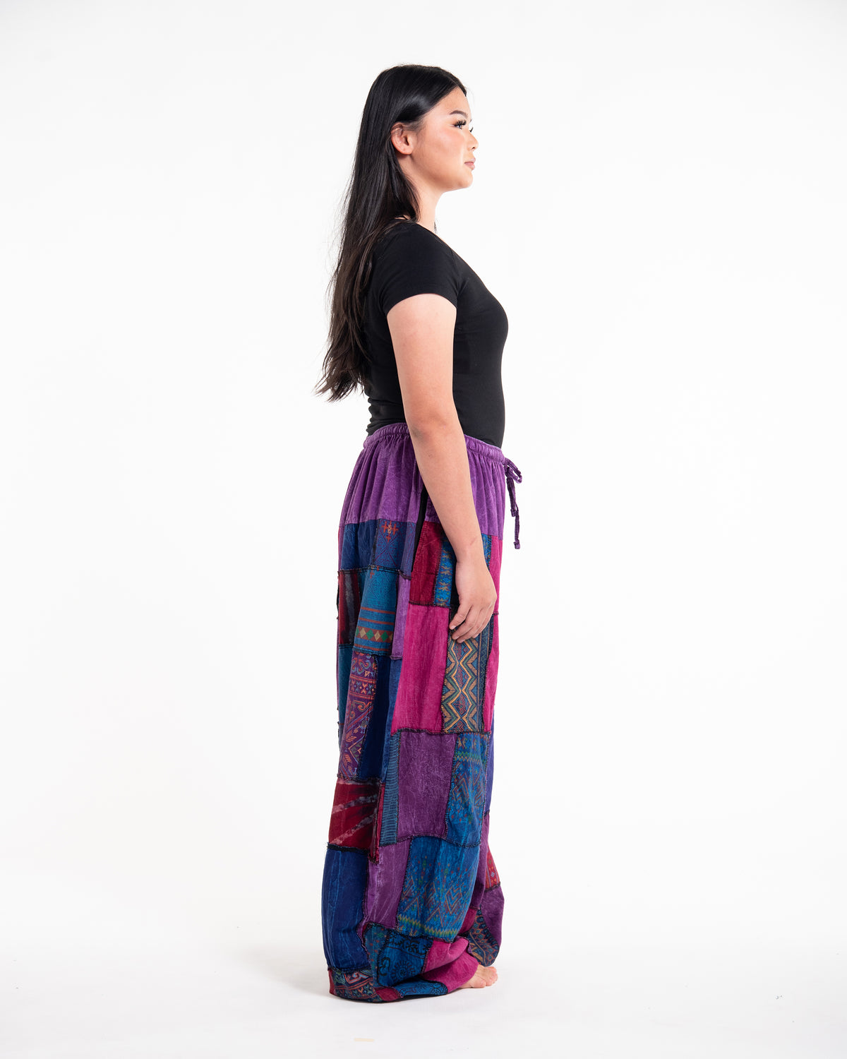 Plus Size Women's Patchwork Stone Washed Balloon Cotton Pants in Purple