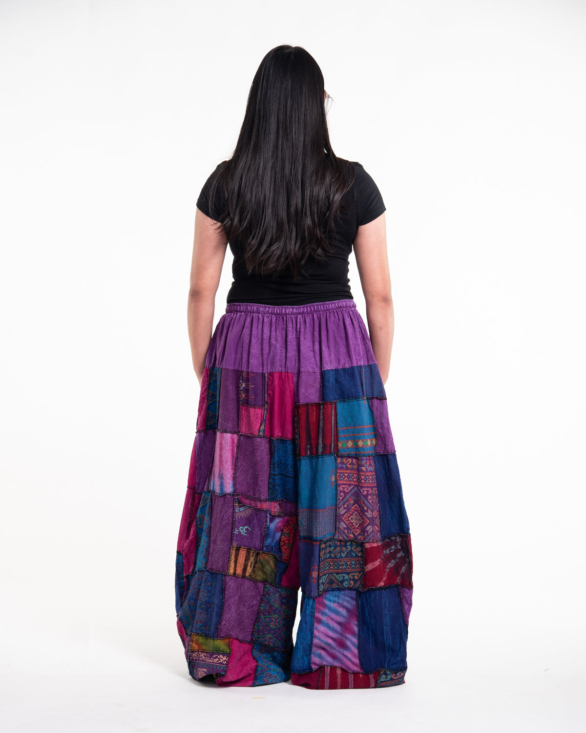 Plus Size Women's Patchwork Stone Washed Balloon Cotton Pants in Purple