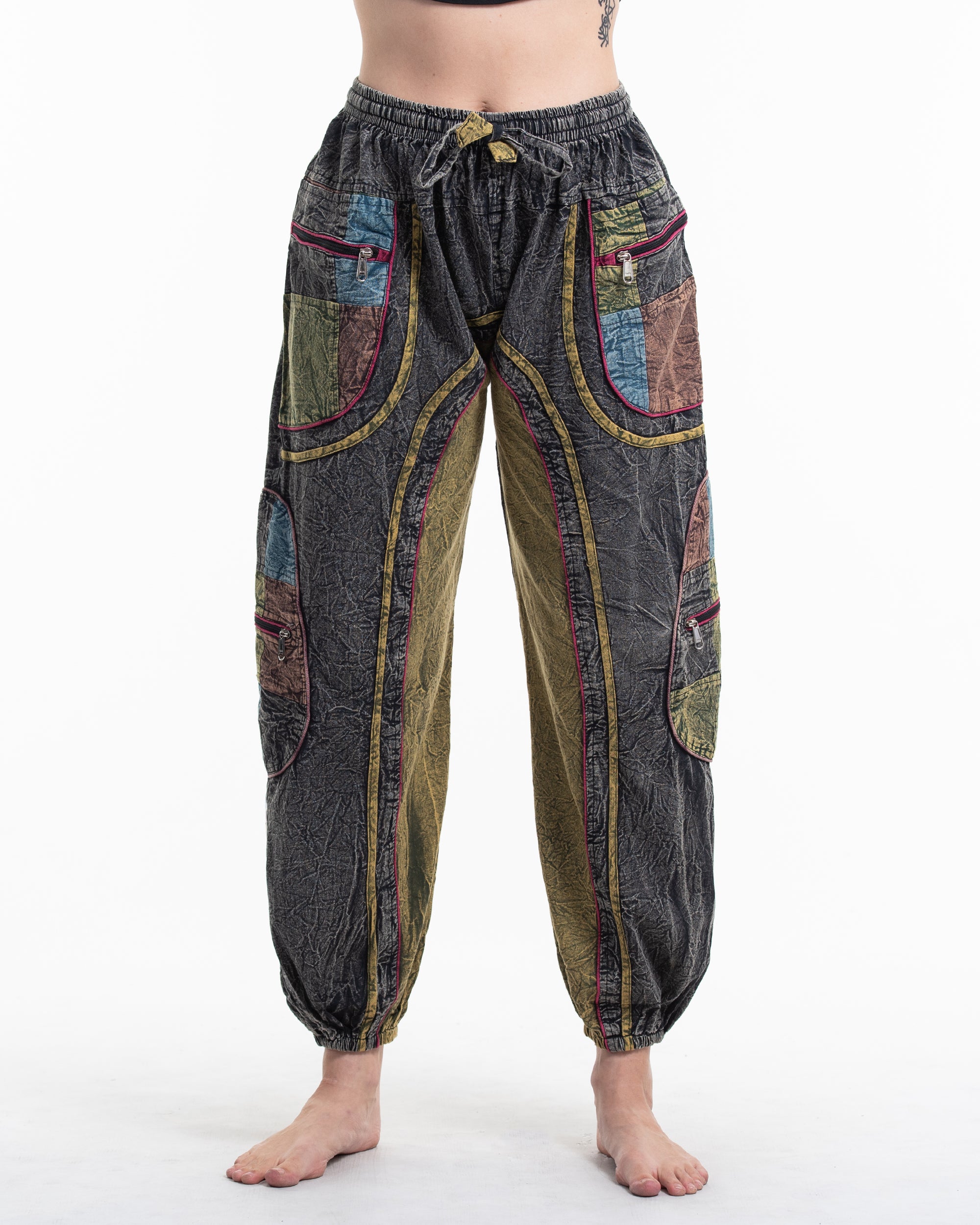 Women's Patchwork Stone Washed Cargo Cotton Pants in Black 01