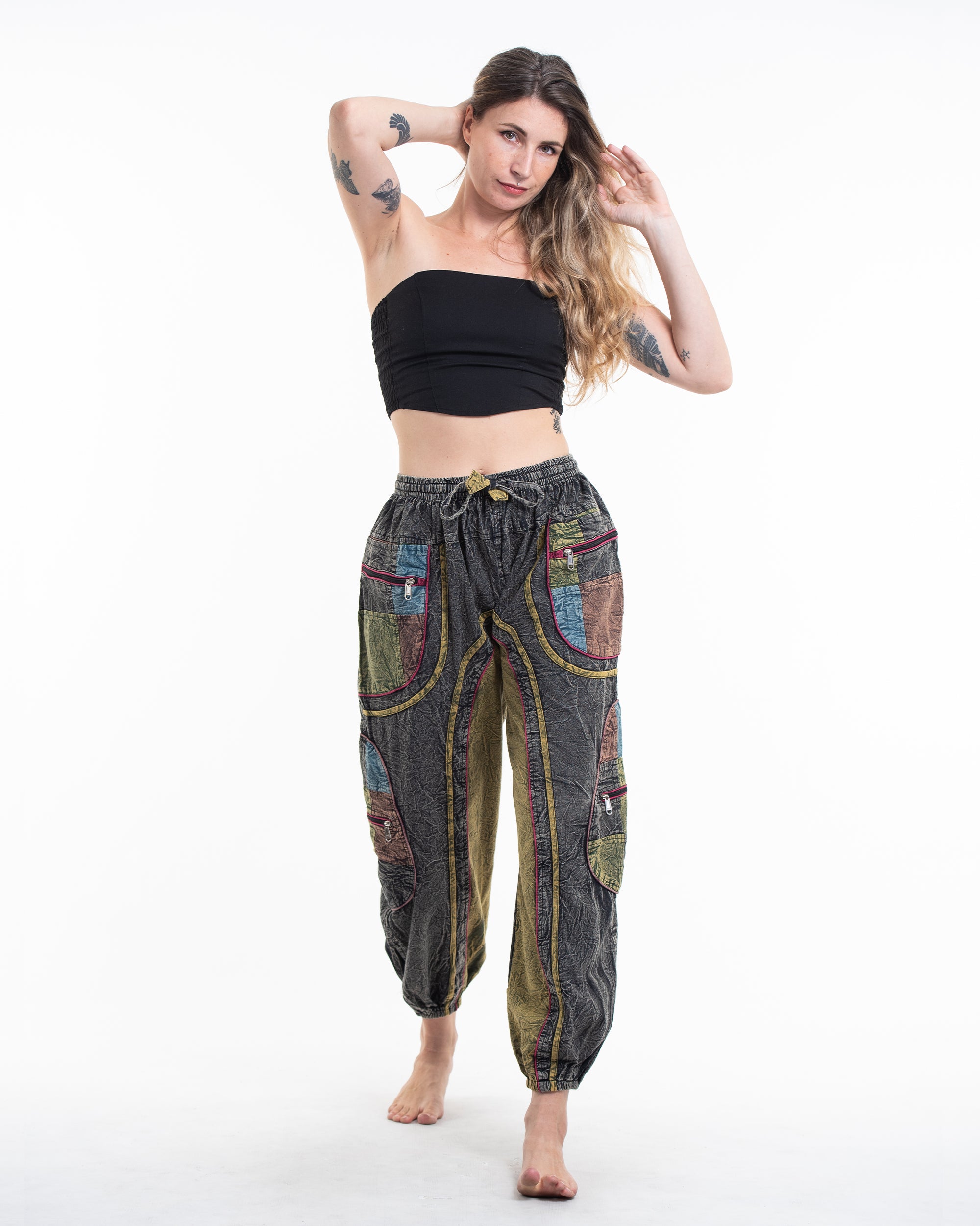 Women's Patchwork Stone Washed Cargo Cotton Pants in Black 01