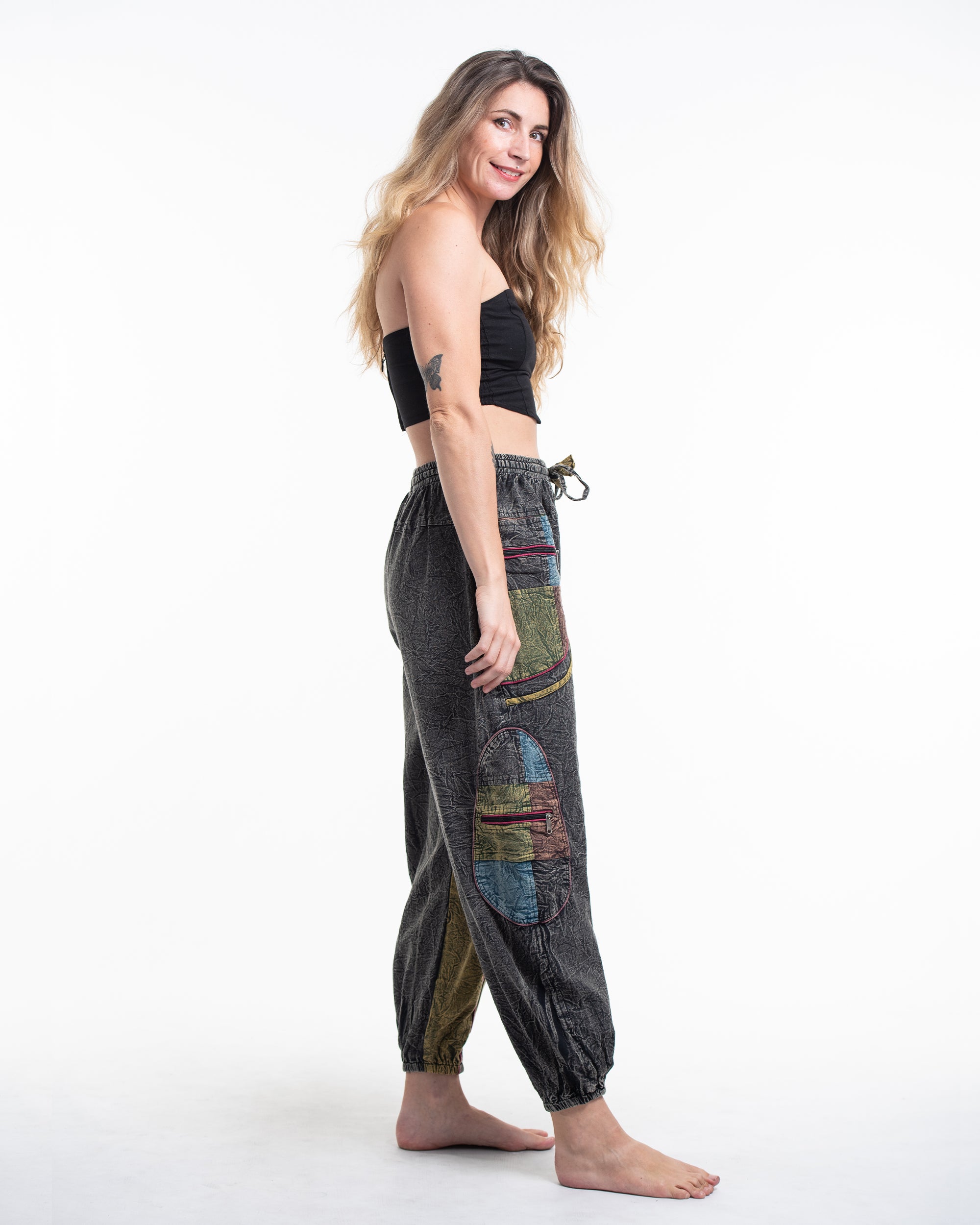 Women's Patchwork Stone Washed Cargo Cotton Pants in Black 01