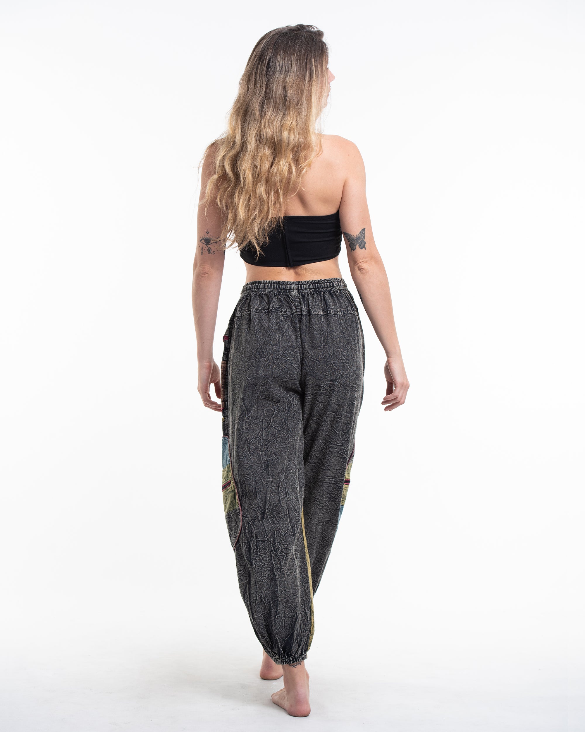 Women's Patchwork Stone Washed Cargo Cotton Pants in Black 01