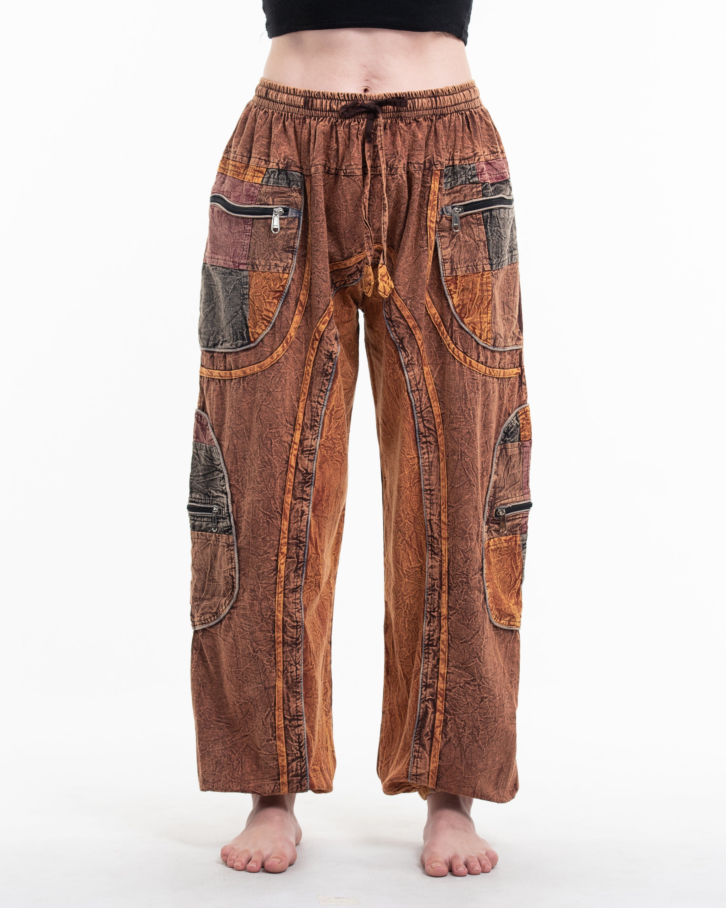 Women's Patchwork Stone Washed Cargo Cotton Pants in Brown 01