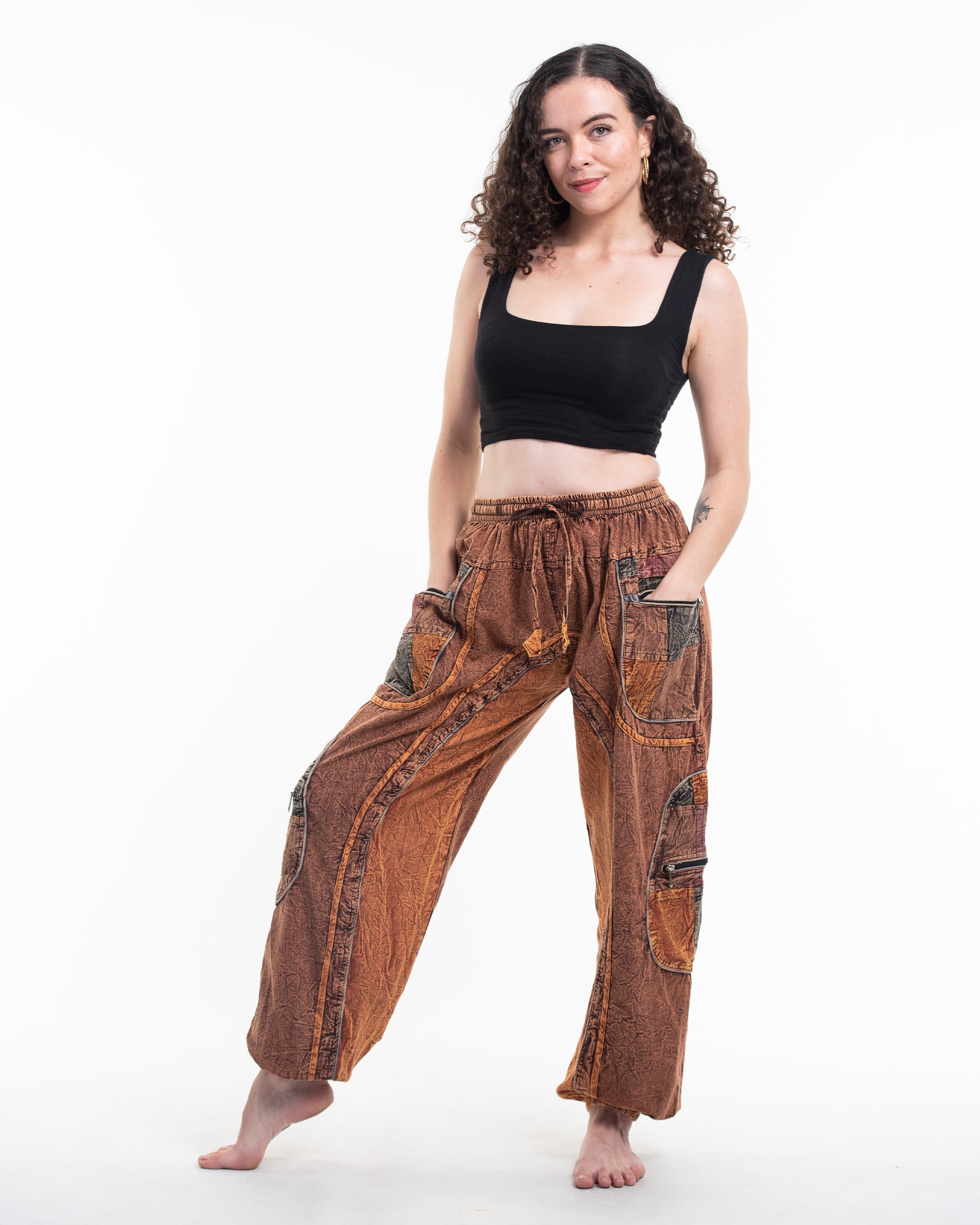Women's Patchwork Stone Washed Cargo Cotton Pants in Brown 01