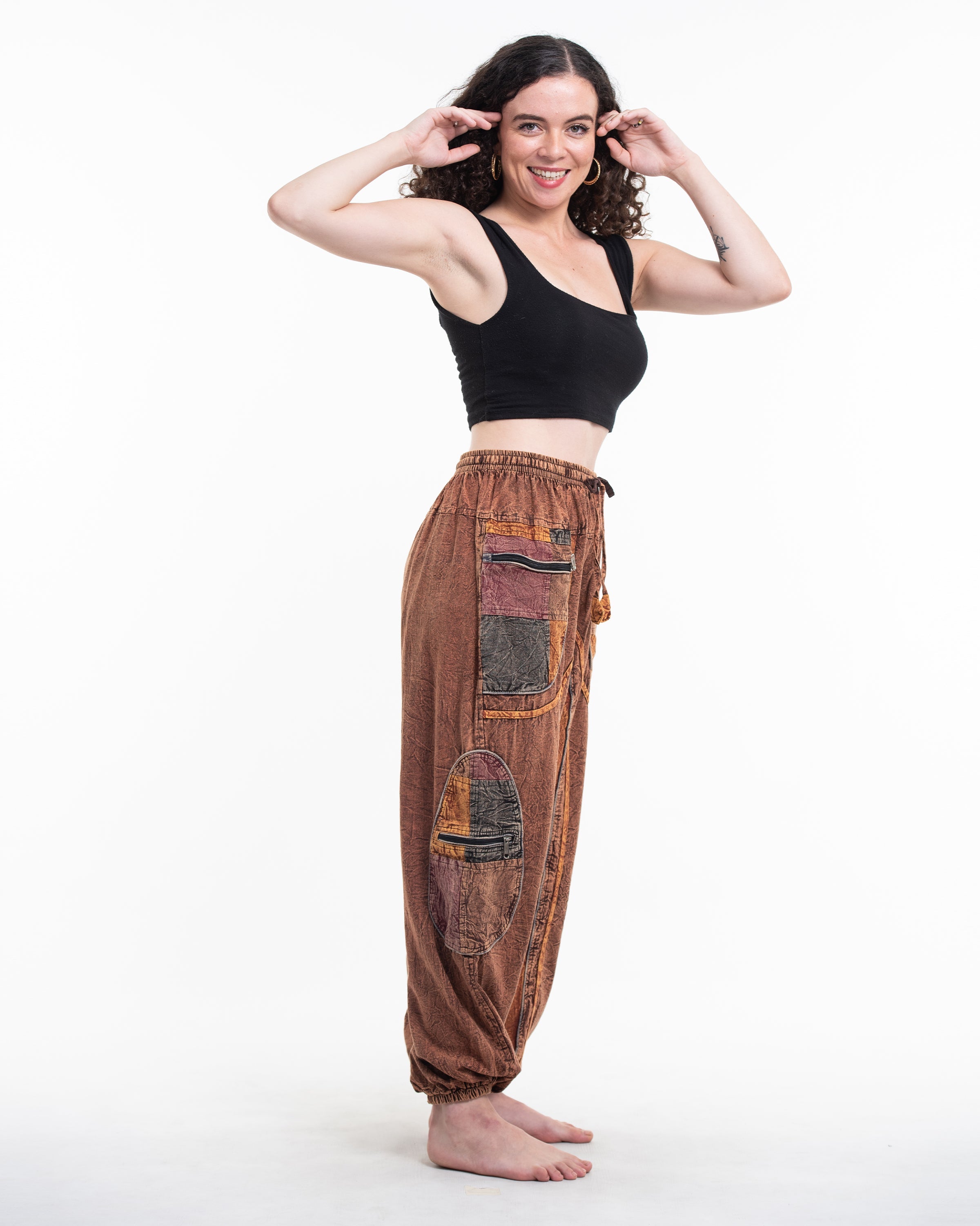 Women's Patchwork Stone Washed Cargo Cotton Pants in Brown 01