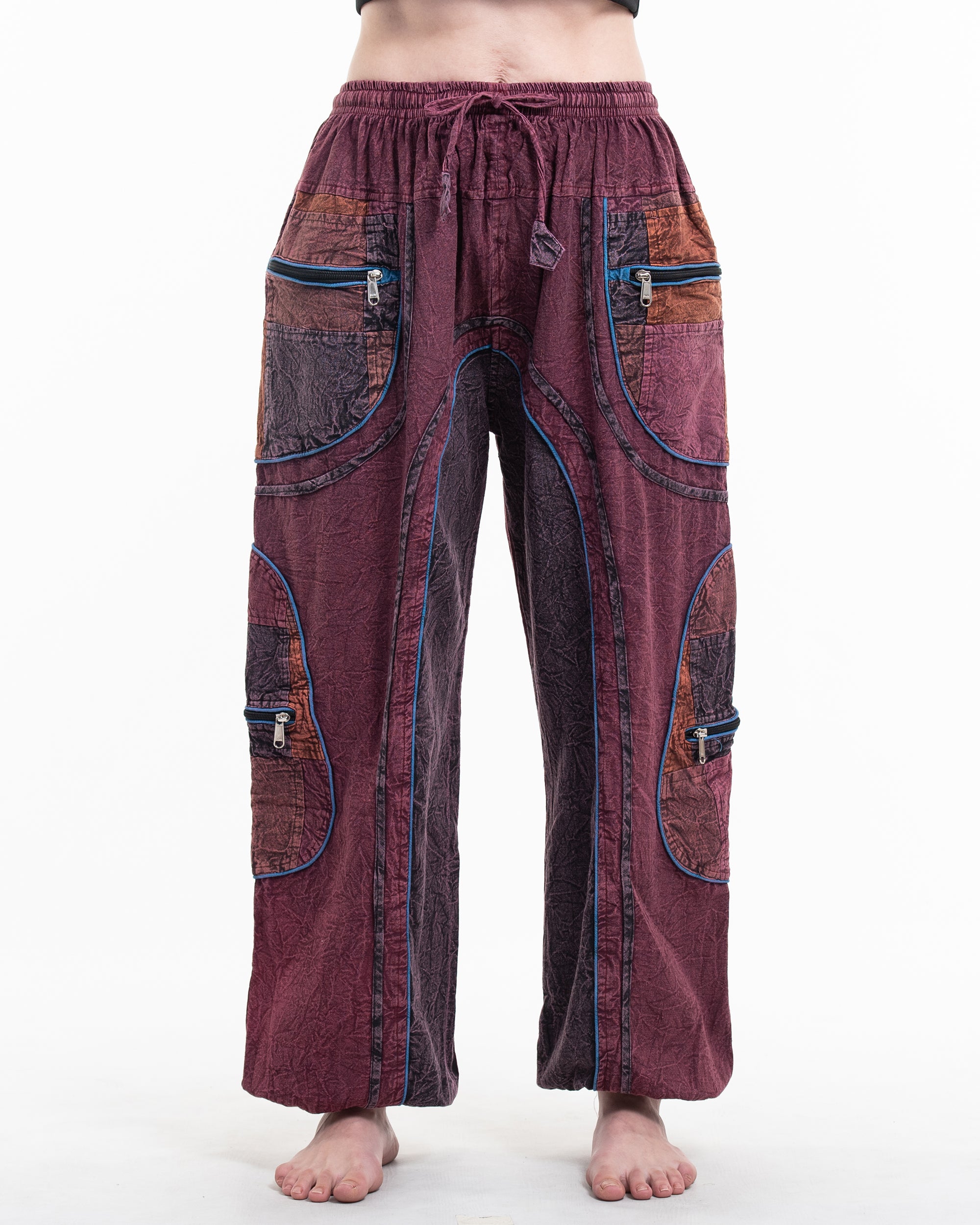 Women's Patchwork Stone Washed Cargo Cotton Pants in Maroon 01