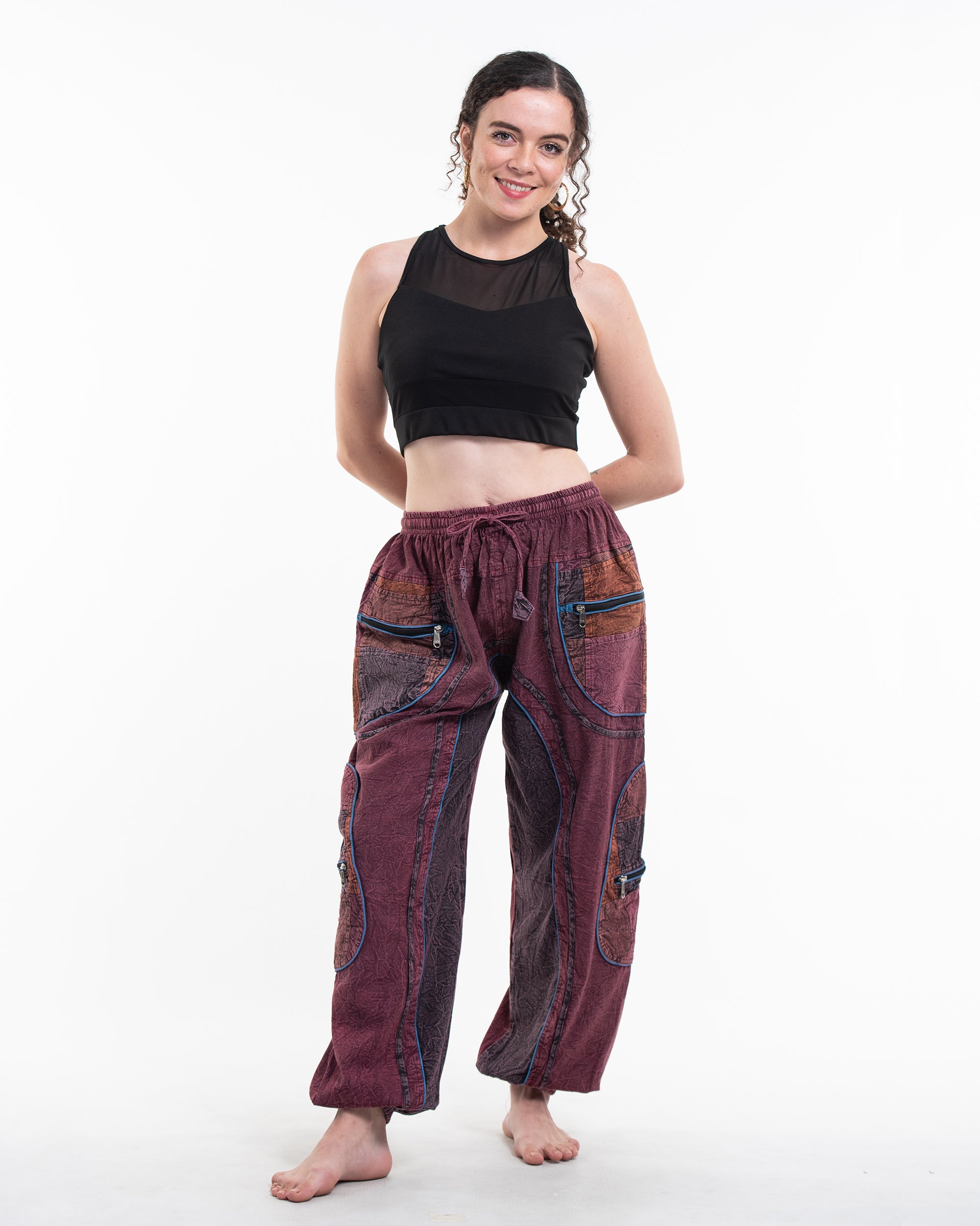 Women's Patchwork Stone Washed Cargo Cotton Pants in Maroon 01