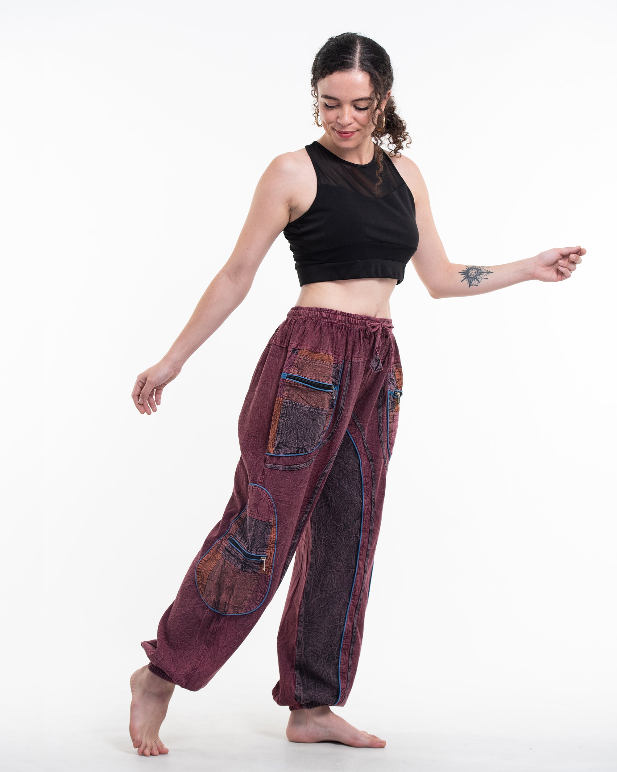 Women's Patchwork Stone Washed Cargo Cotton Pants in Maroon 01