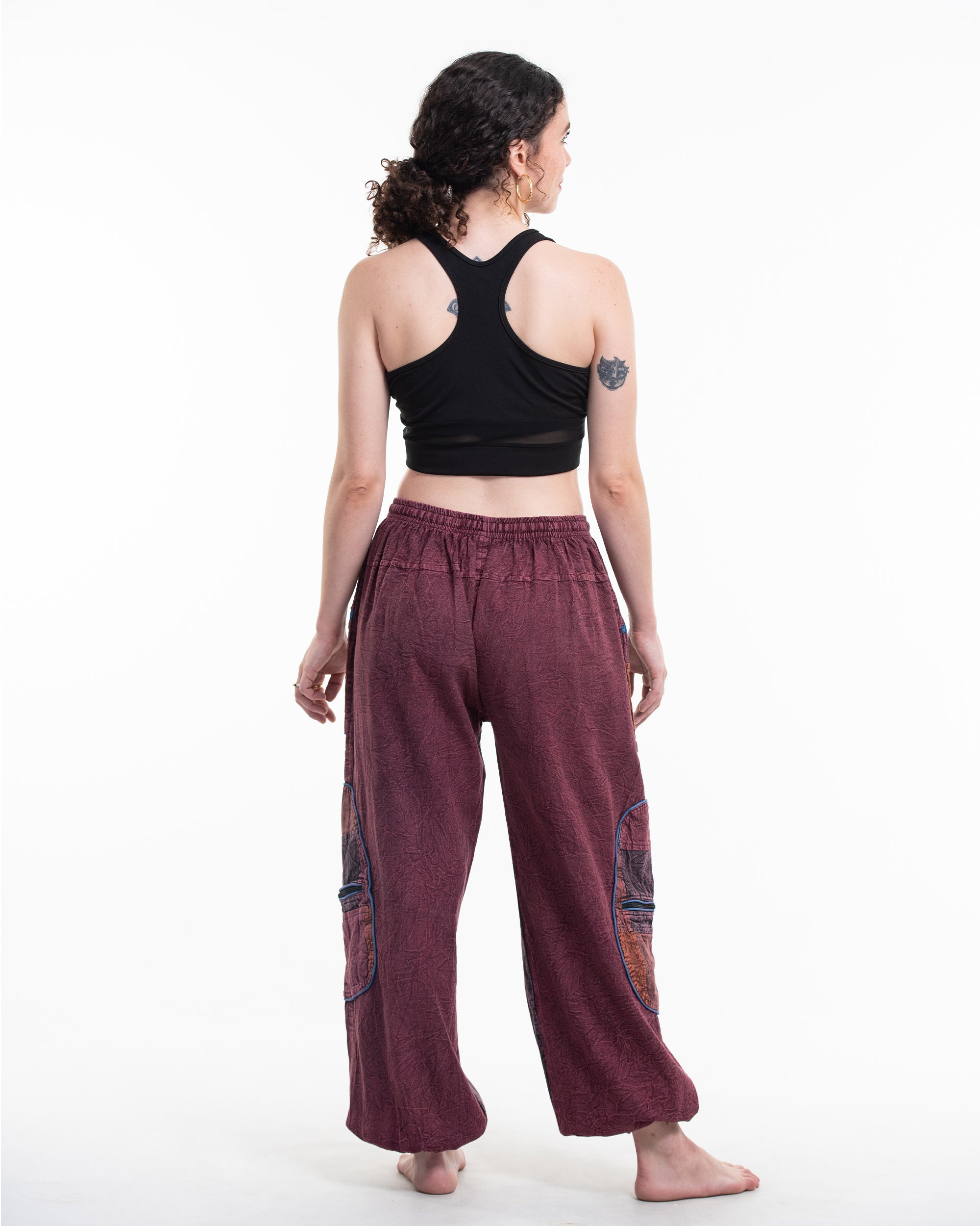 Women's Patchwork Stone Washed Cargo Cotton Pants in Maroon 01