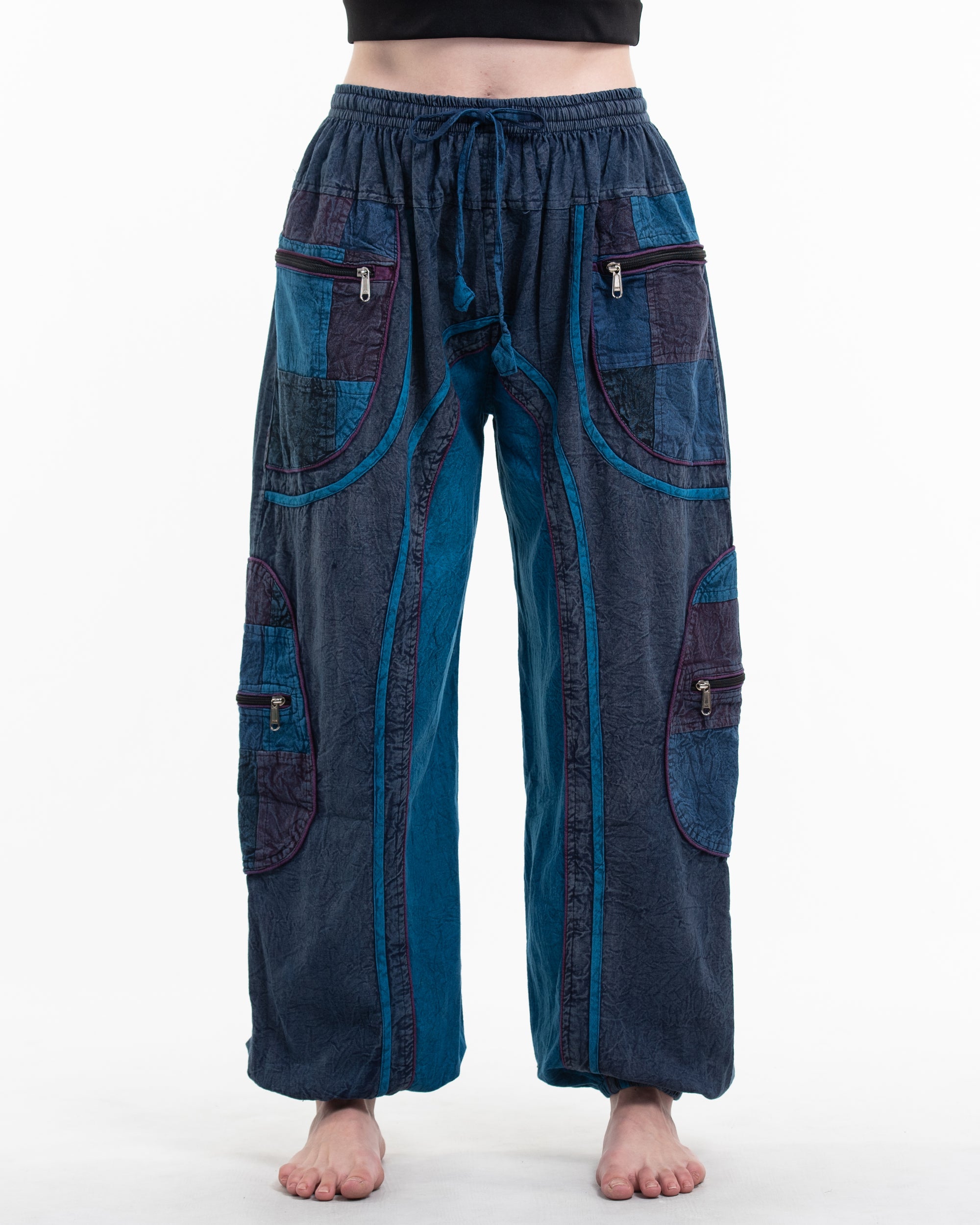 Women's Patchwork Stone Washed Cargo Cotton Pants in Navy 01