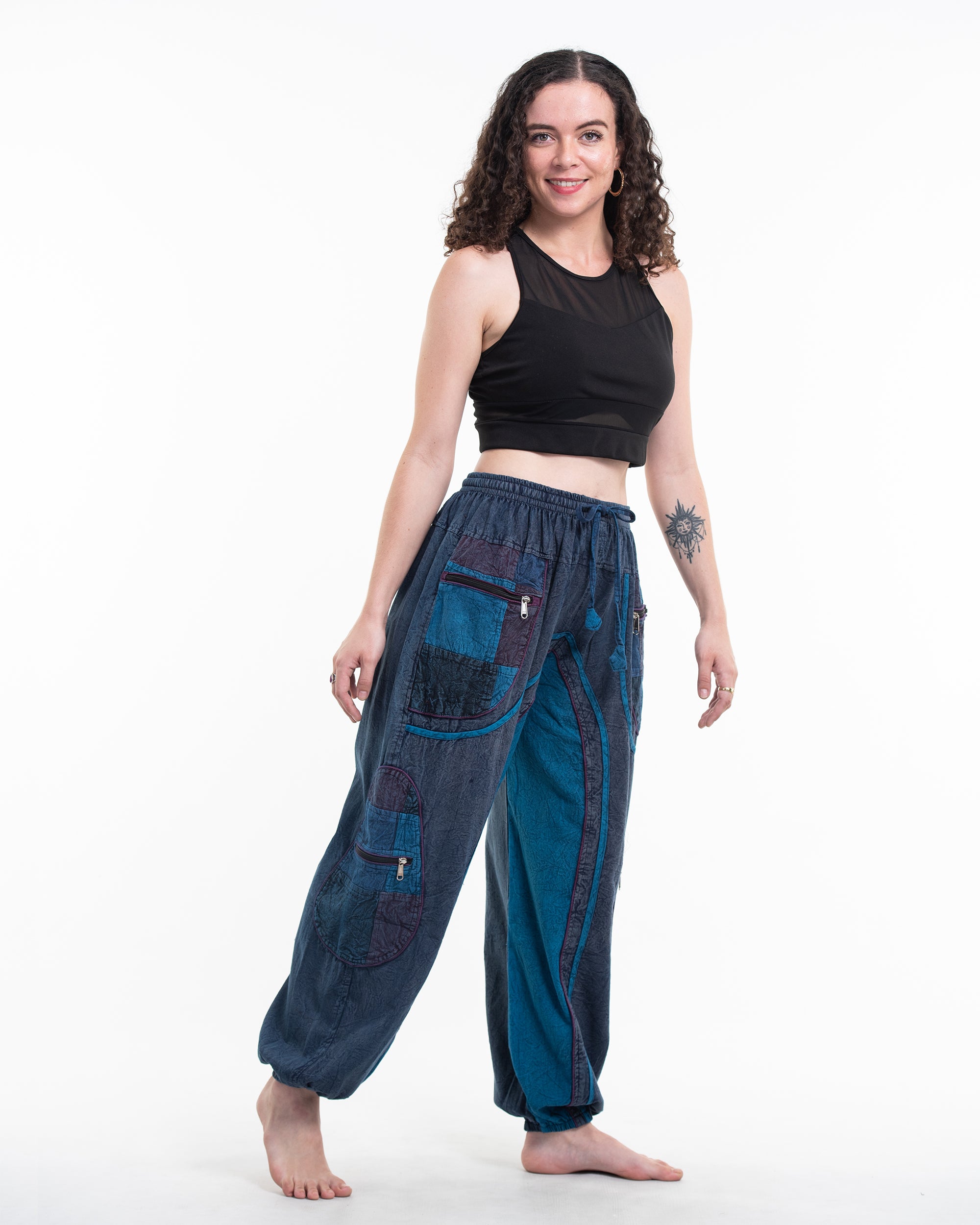 Women's Patchwork Stone Washed Cargo Cotton Pants in Navy 01