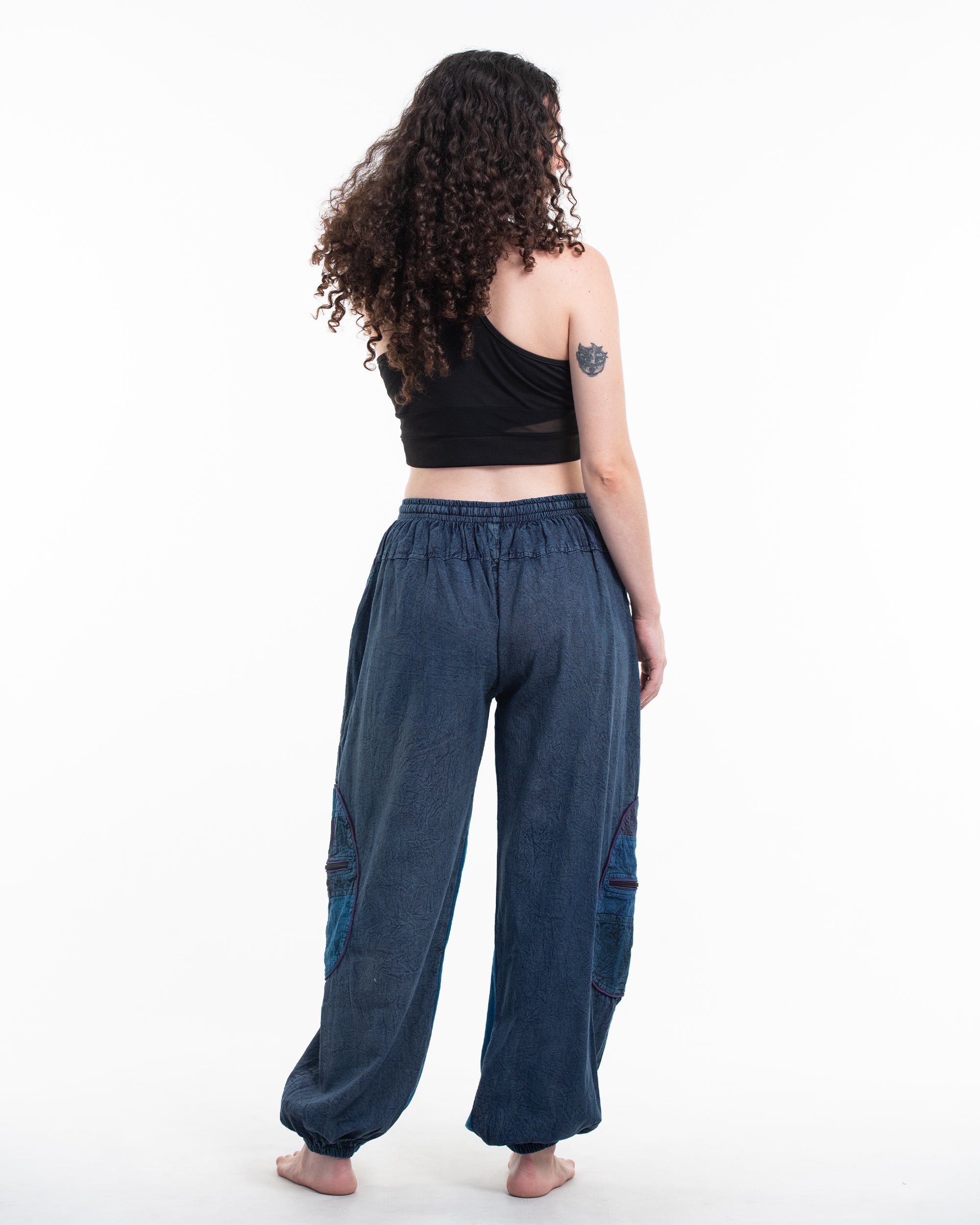 Women's Patchwork Stone Washed Cargo Cotton Pants in Navy 01