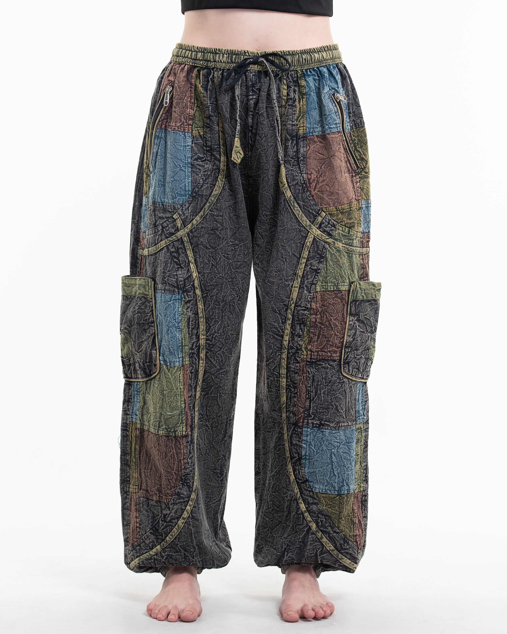 Women's Patchwork Stone Washed Cargo Cotton Pants in Black 02