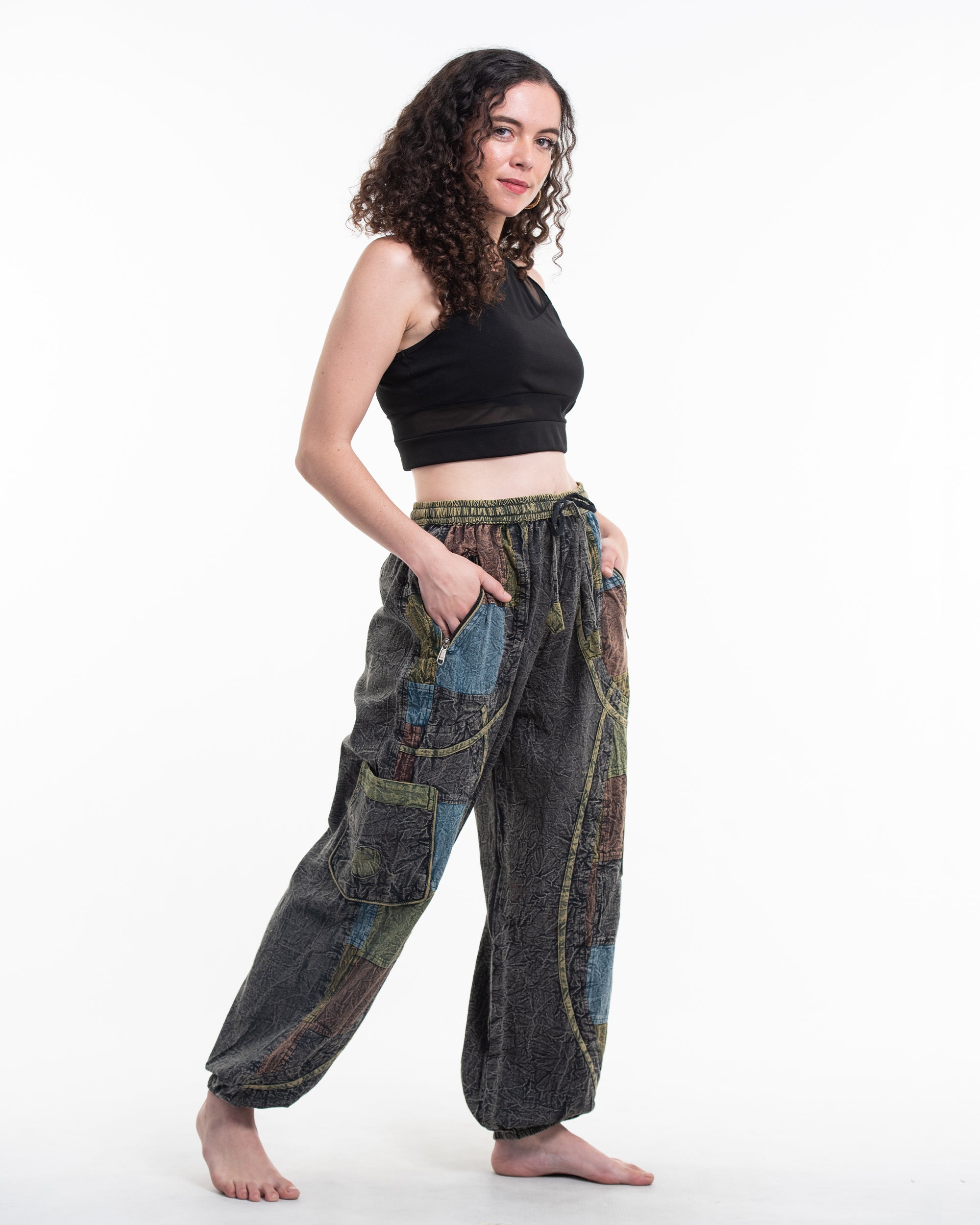 Women's Patchwork Stone Washed Cargo Cotton Pants in Black 02