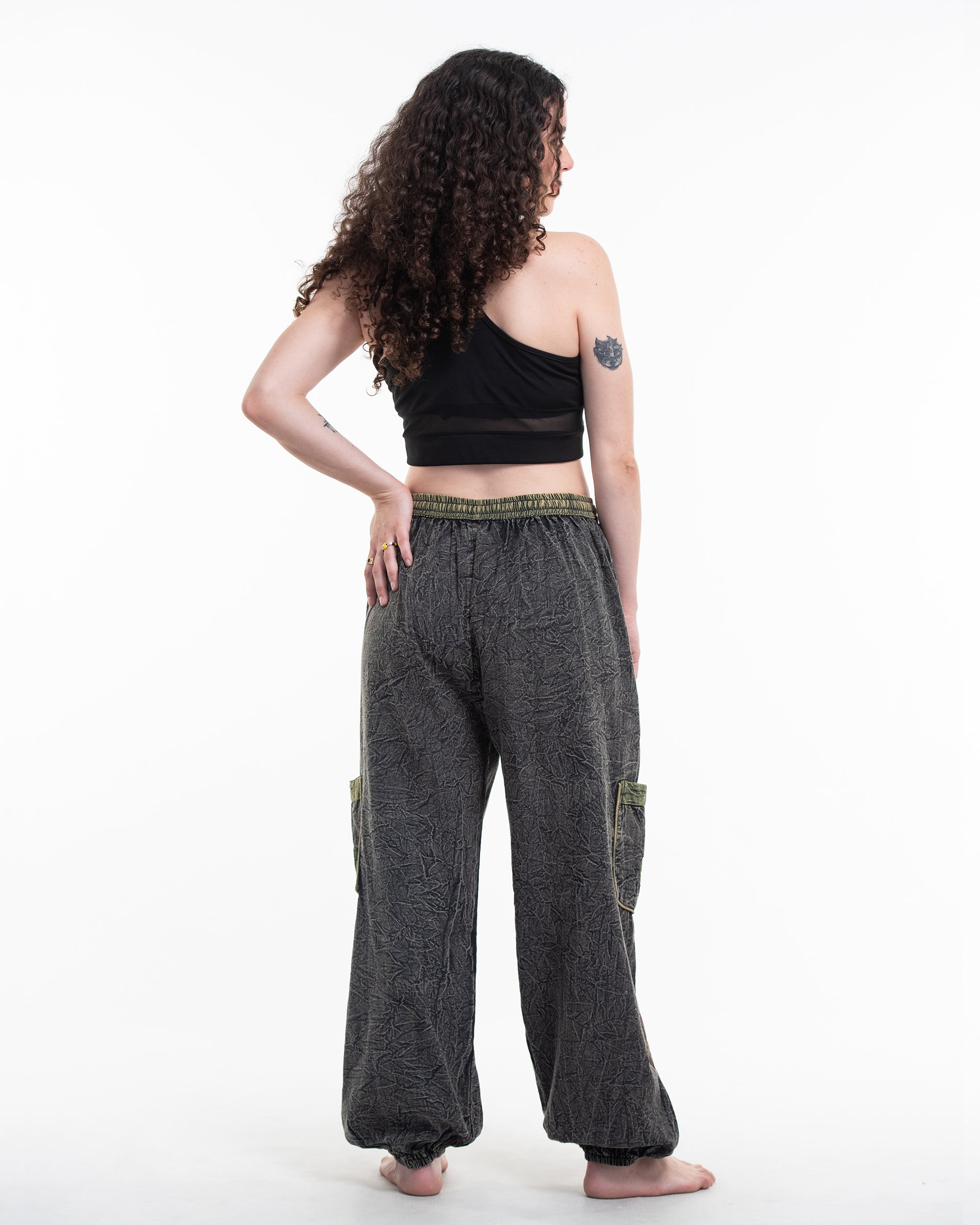 Women's Patchwork Stone Washed Cargo Cotton Pants in Black 02