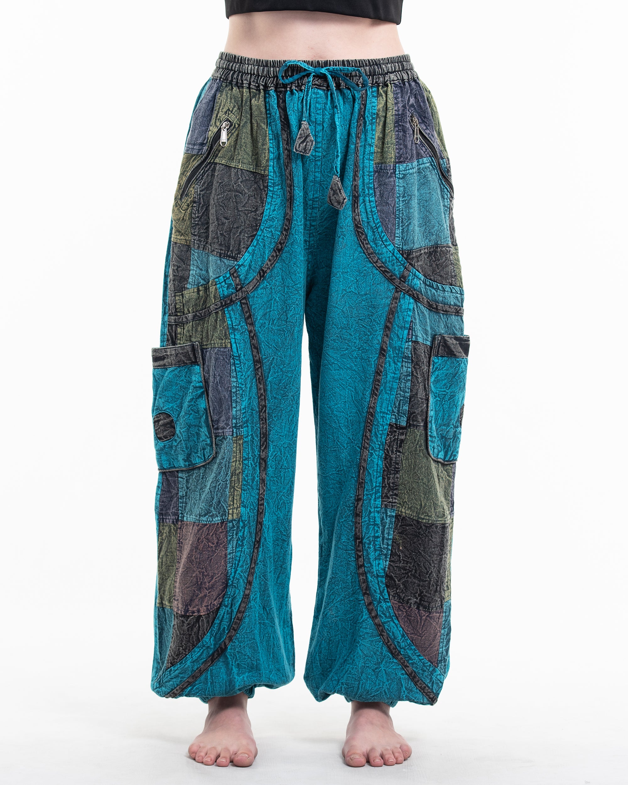 Women's Patchwork Stone Washed Cargo Cotton Pants in Blue 02