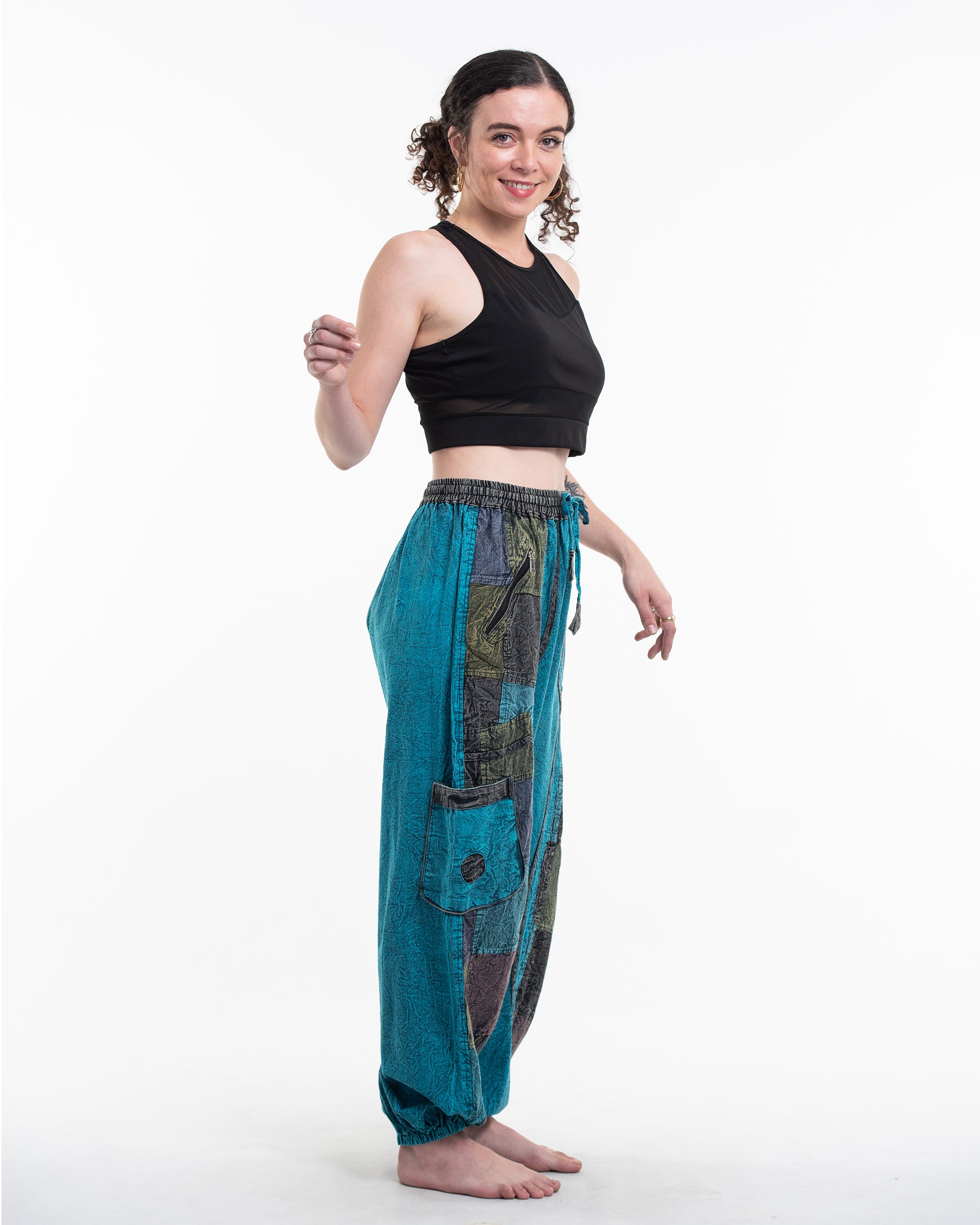 Women's Patchwork Stone Washed Cargo Cotton Pants in Blue 02