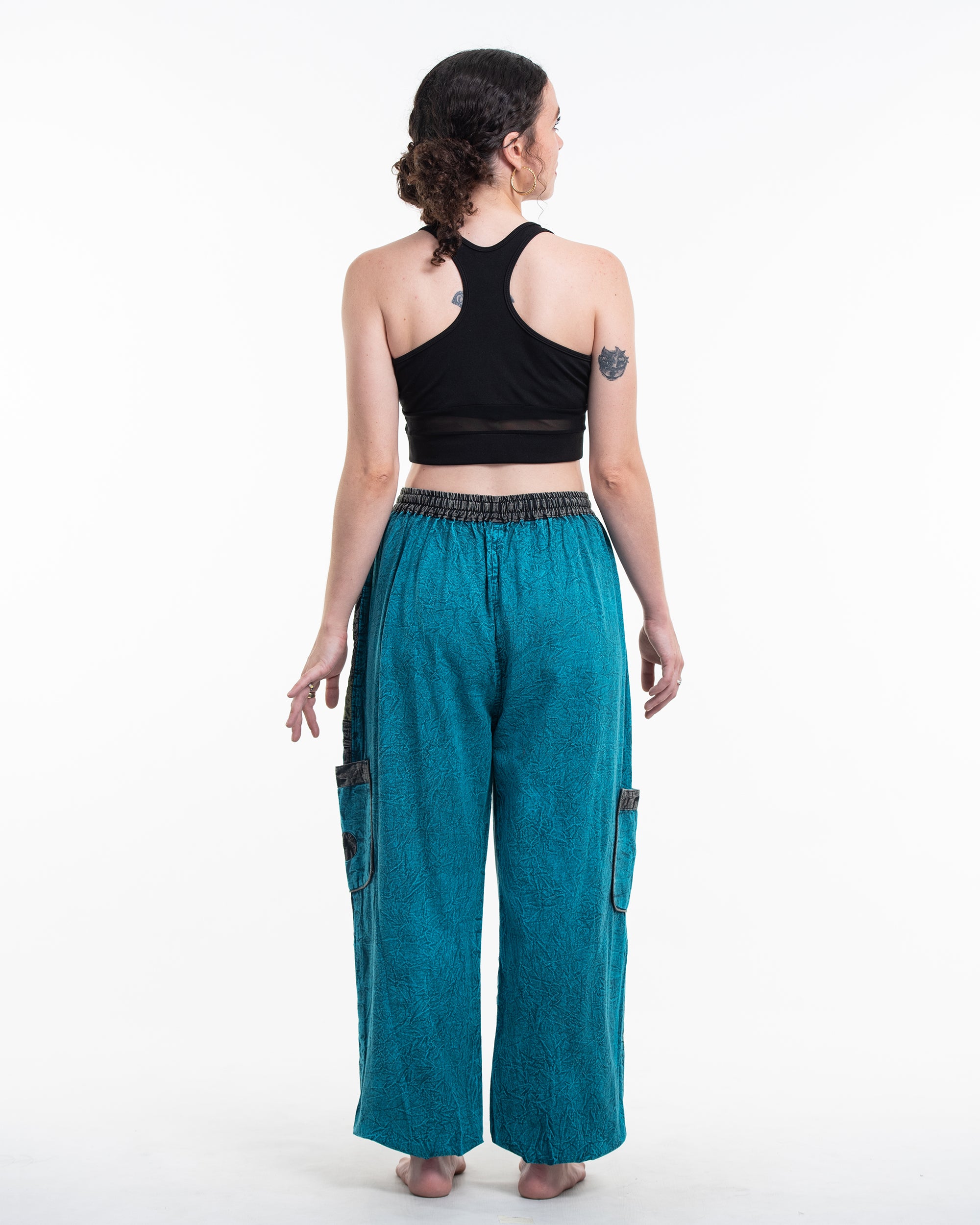 Women's Patchwork Stone Washed Cargo Cotton Pants in Blue 02