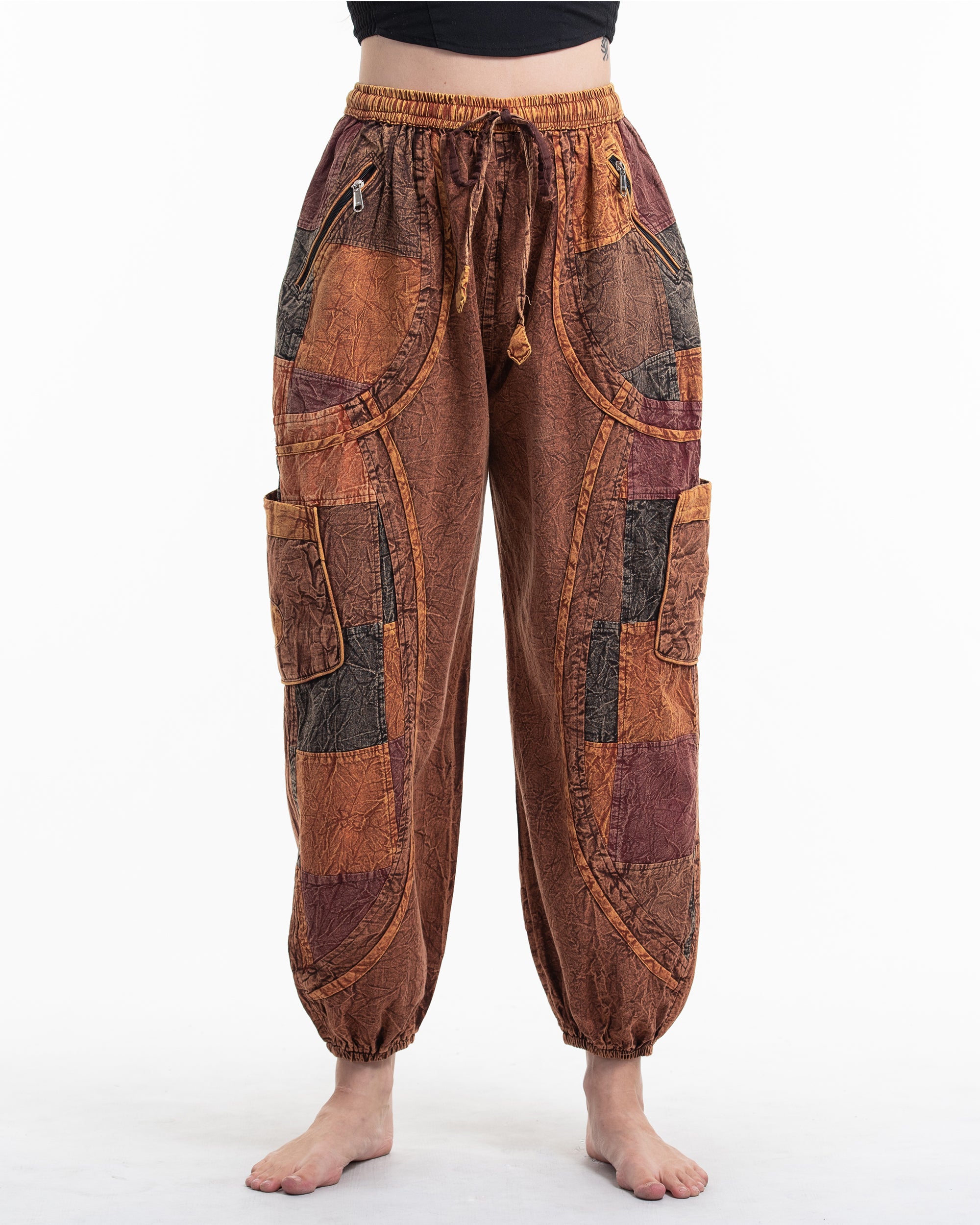 Women's Patchwork Stone Washed Cargo Cotton Pants in Brown 02