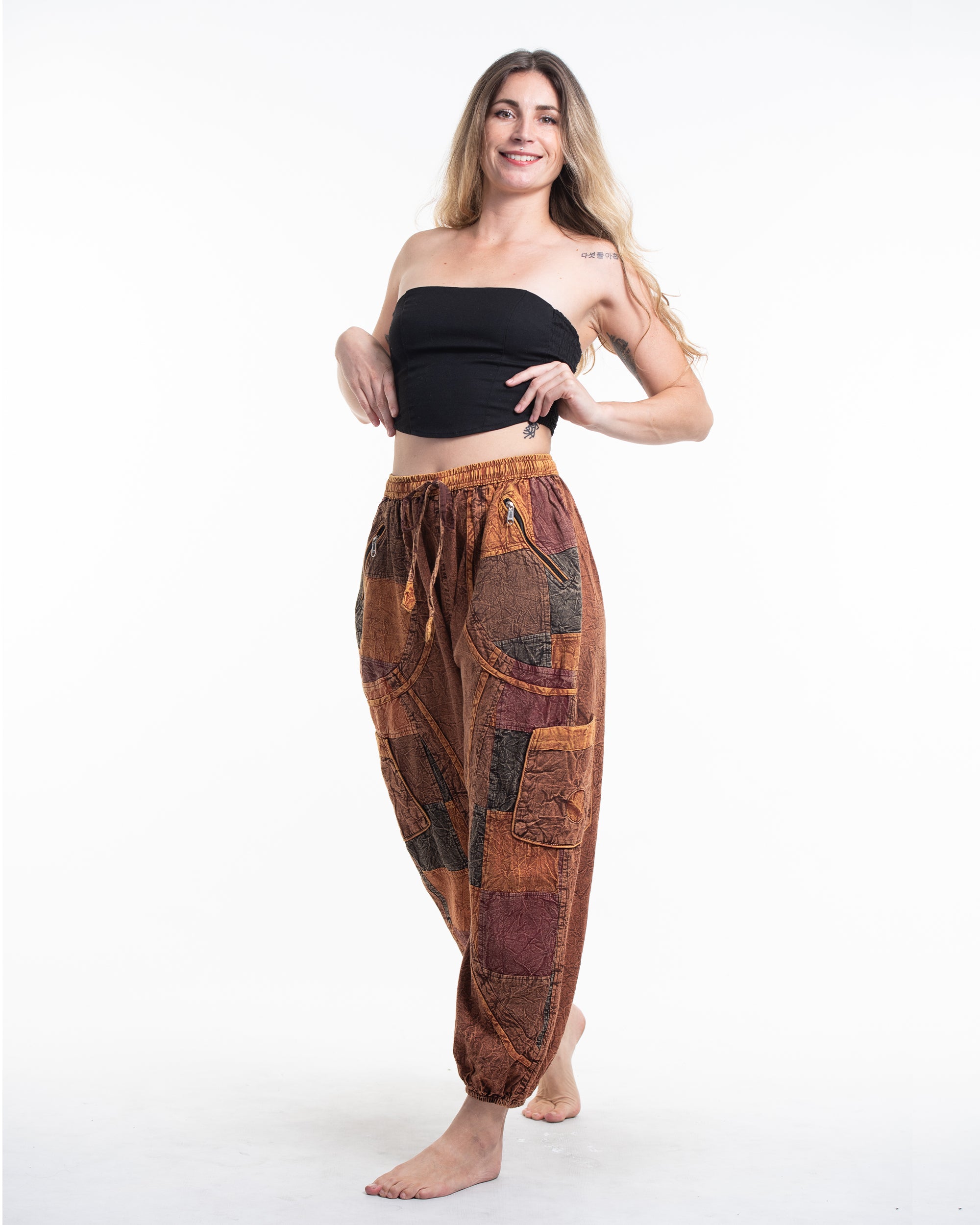 Women's Patchwork Stone Washed Cargo Cotton Pants in Brown 02