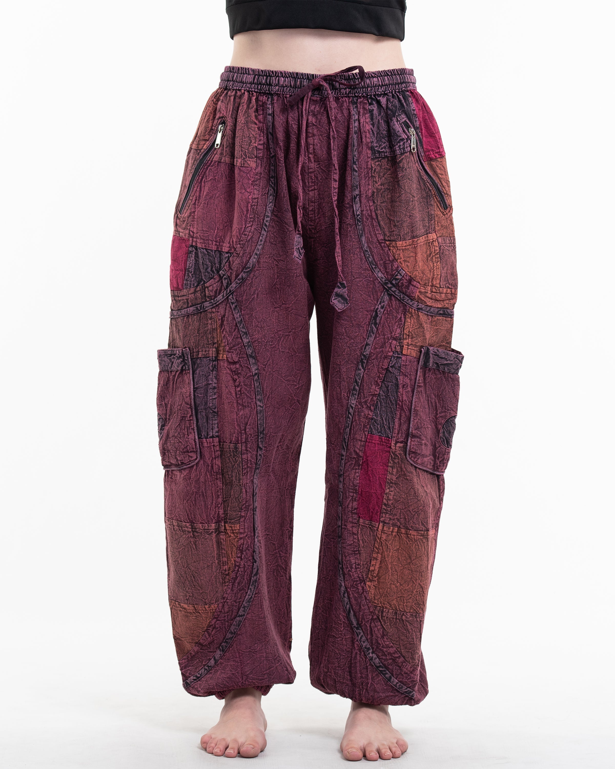 Women's Patchwork Stone Washed Cargo Cotton Pants in Maroon 02