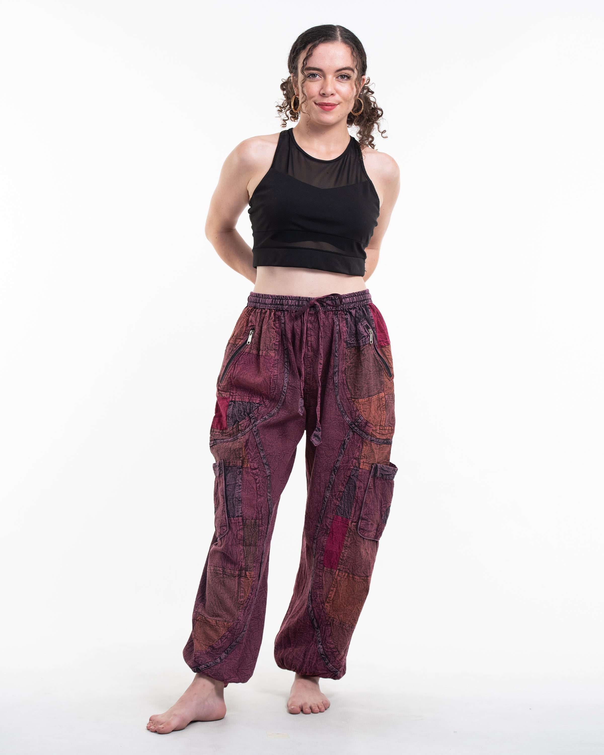 Women's Patchwork Stone Washed Cargo Cotton Pants in Maroon 02
