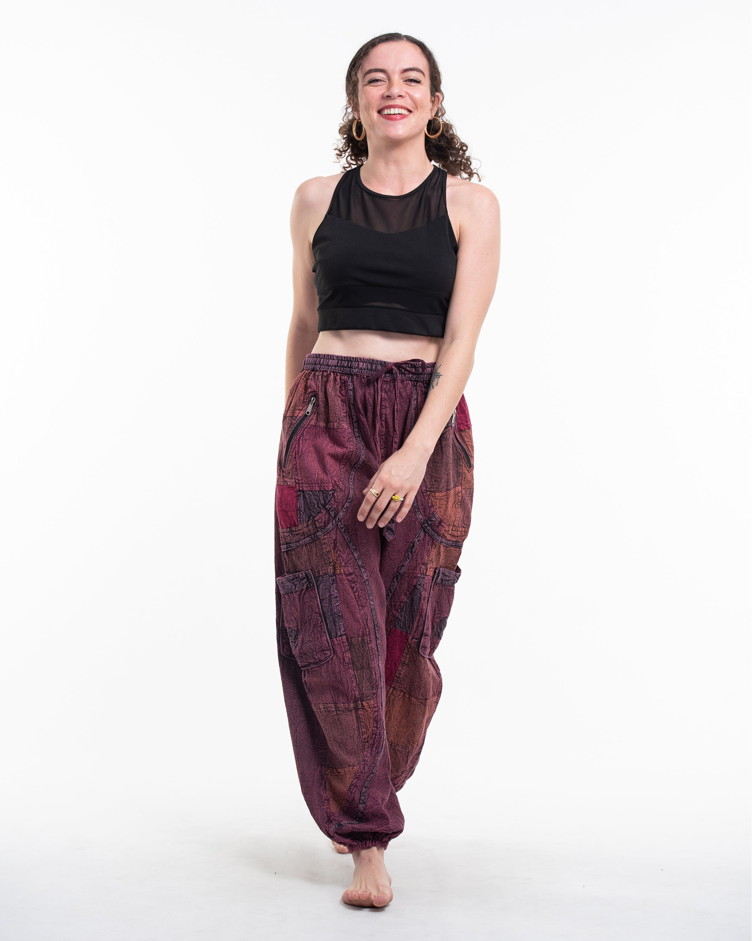 Women's Patchwork Stone Washed Cargo Cotton Pants in Maroon 02