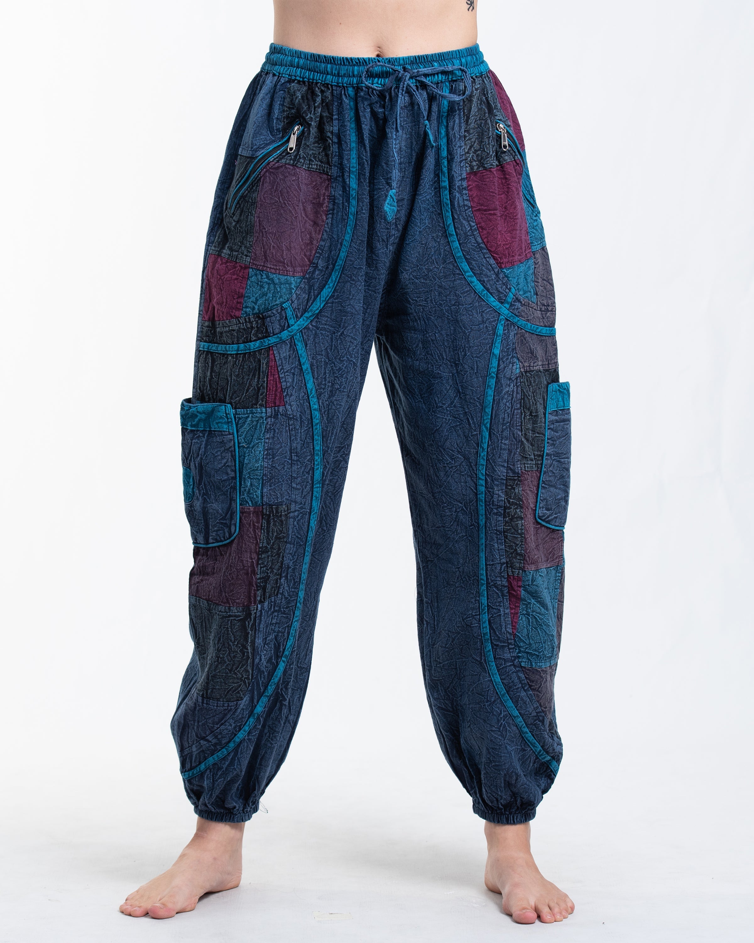 Women's Patchwork Stone Washed Cargo Cotton Pants in Navy 02
