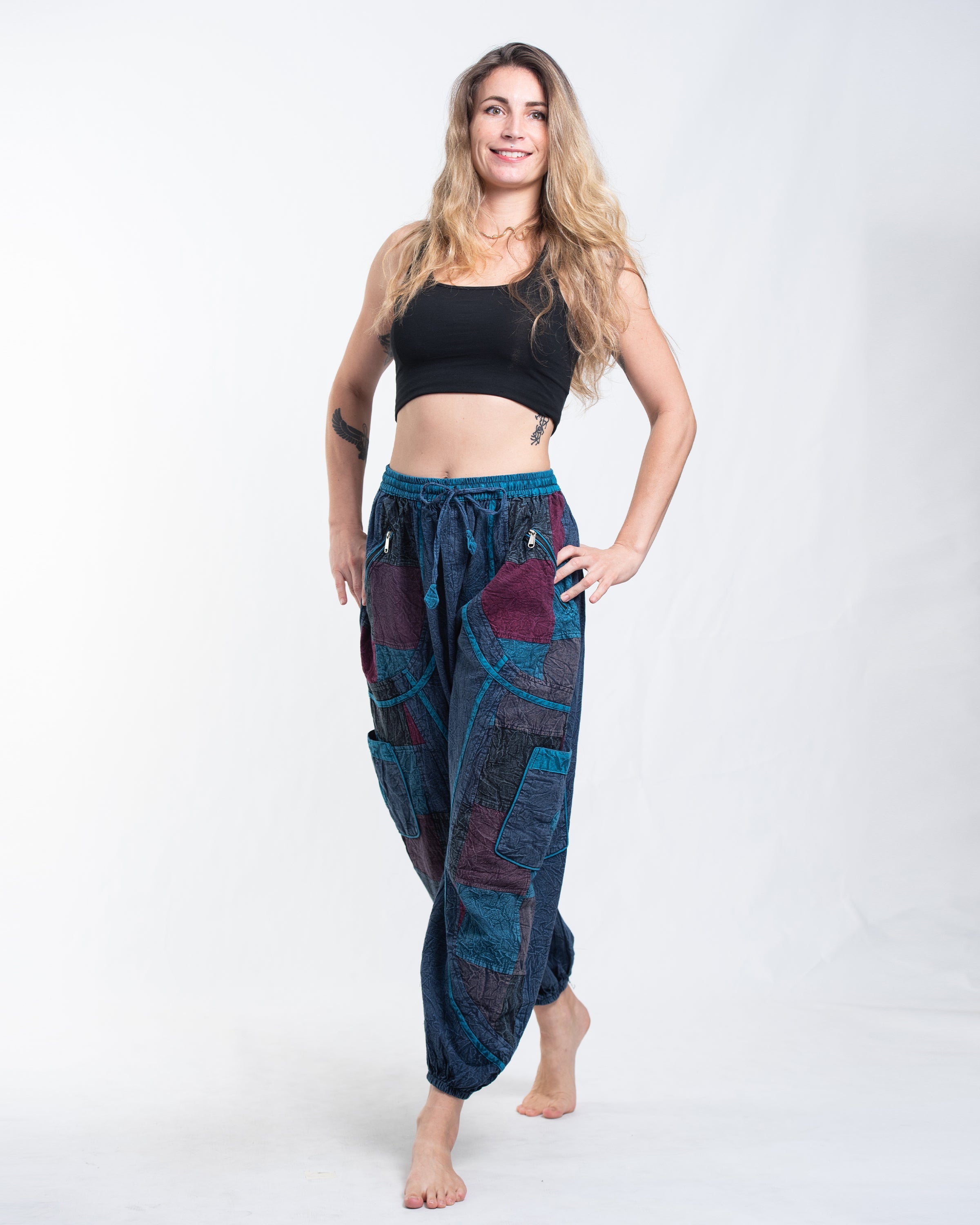 Women's Patchwork Stone Washed Cargo Cotton Pants in Navy 02