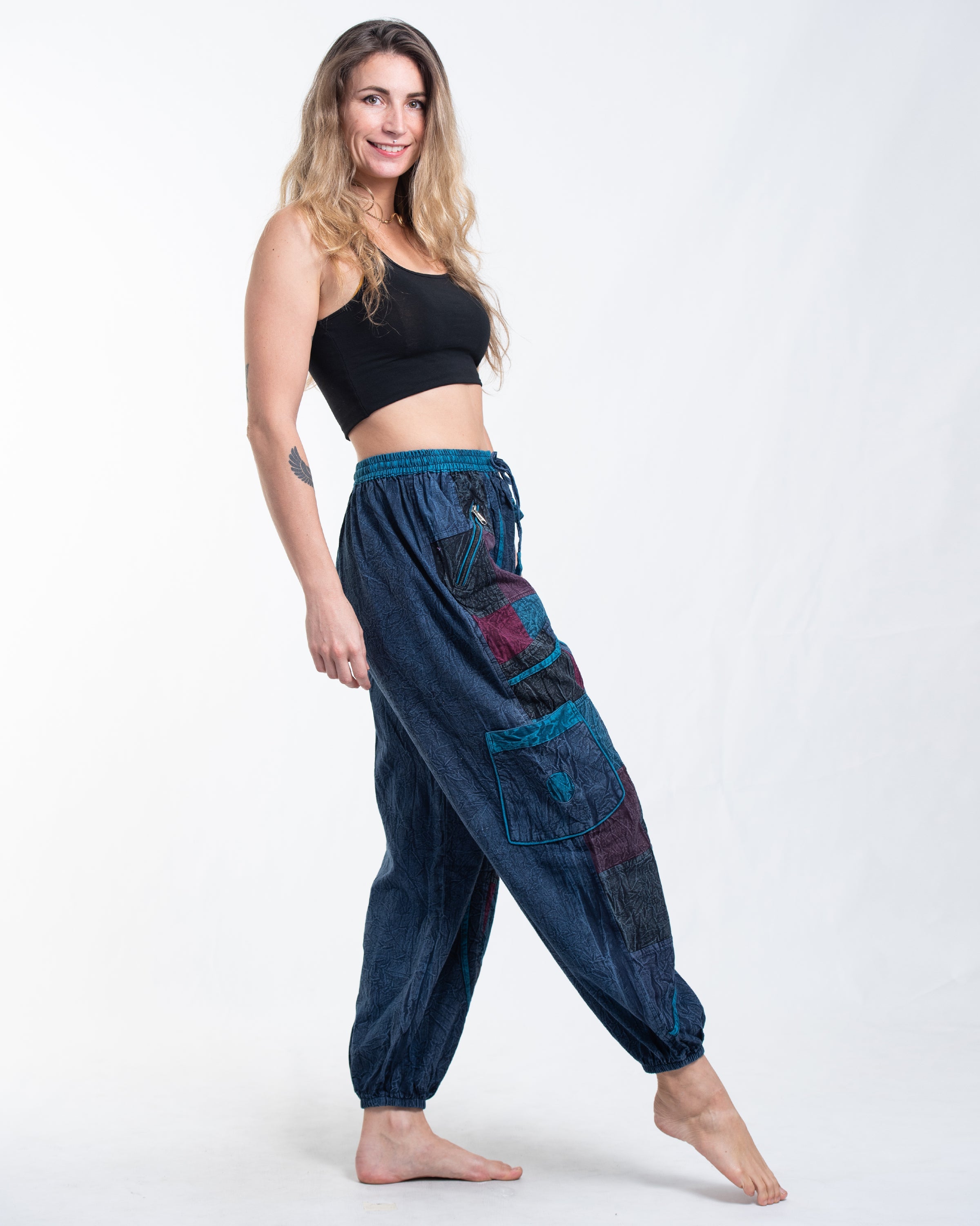 Women's Patchwork Stone Washed Cargo Cotton Pants in Navy 02