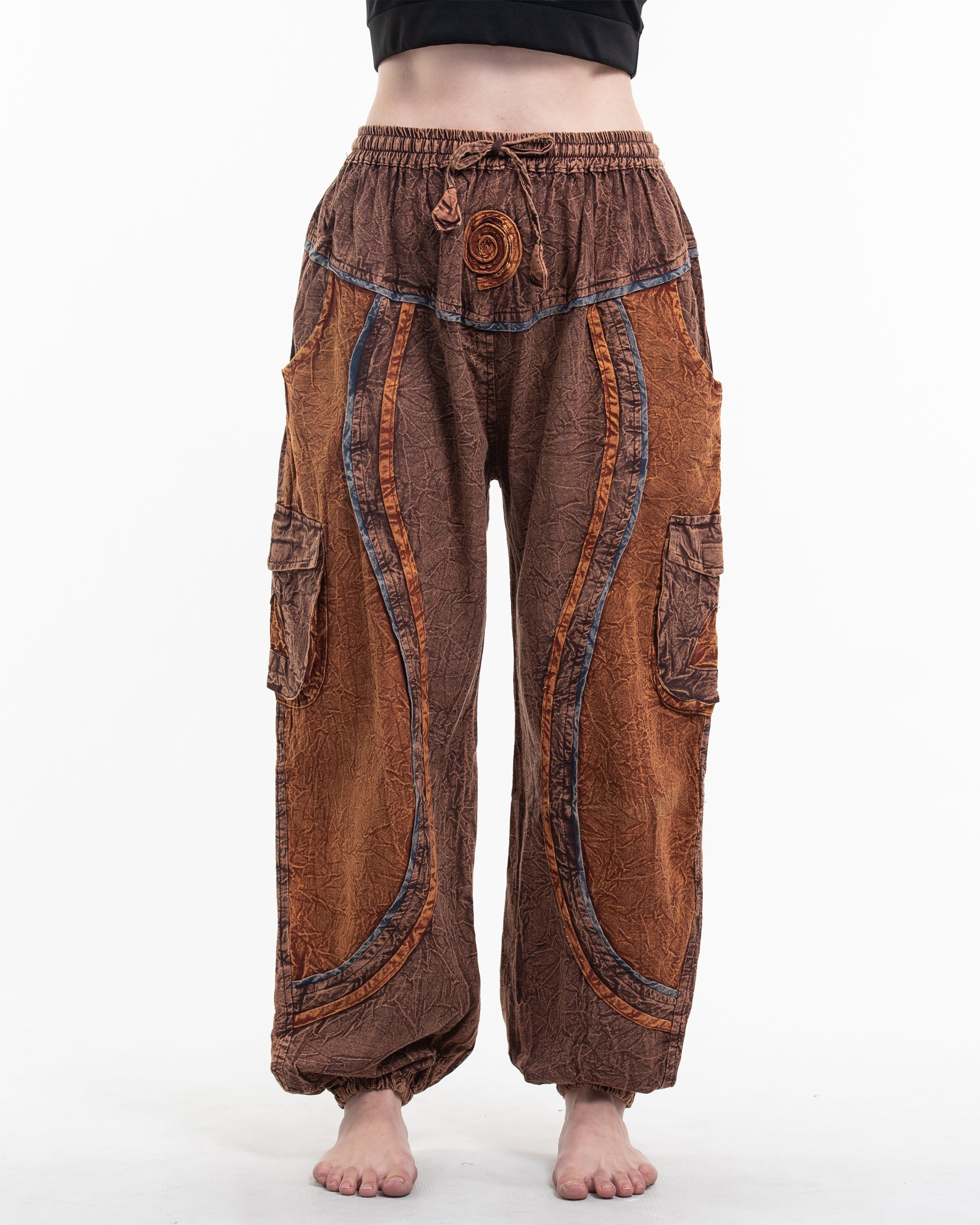 Women's Patchwork Stone Washed Cargo Cotton Pants in Brown 03