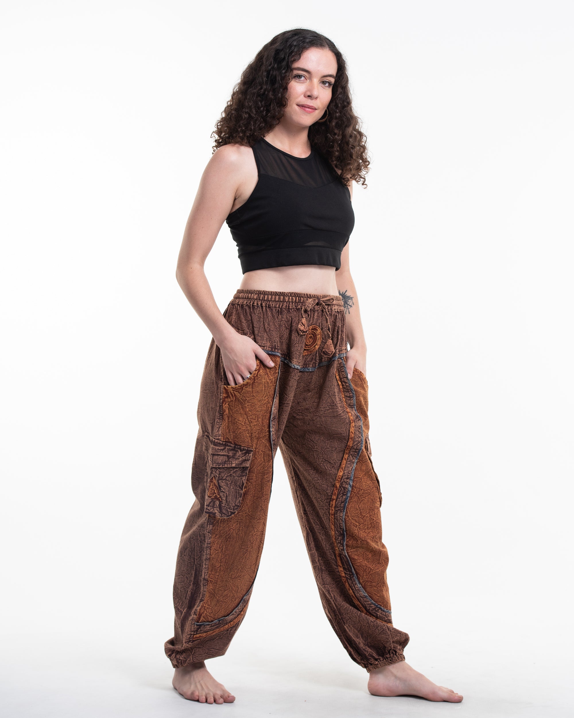 Women's Patchwork Stone Washed Cargo Cotton Pants in Brown 03