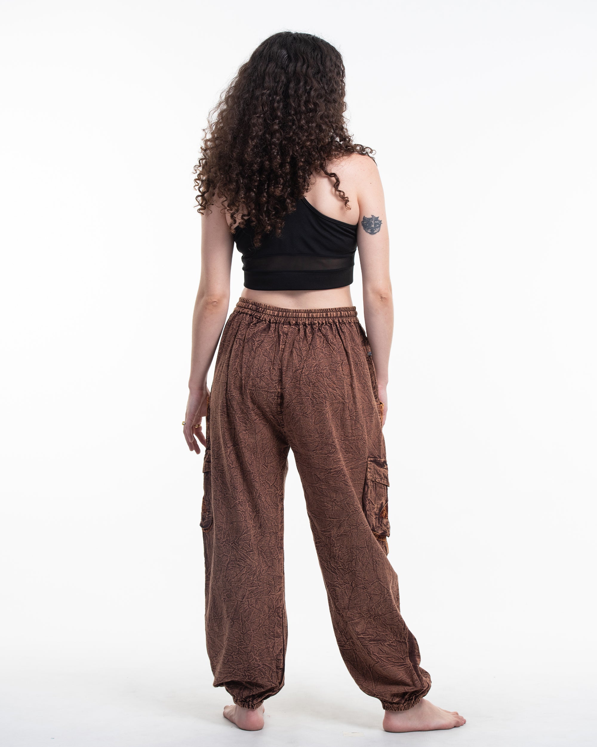 Women's Patchwork Stone Washed Cargo Cotton Pants in Brown 03