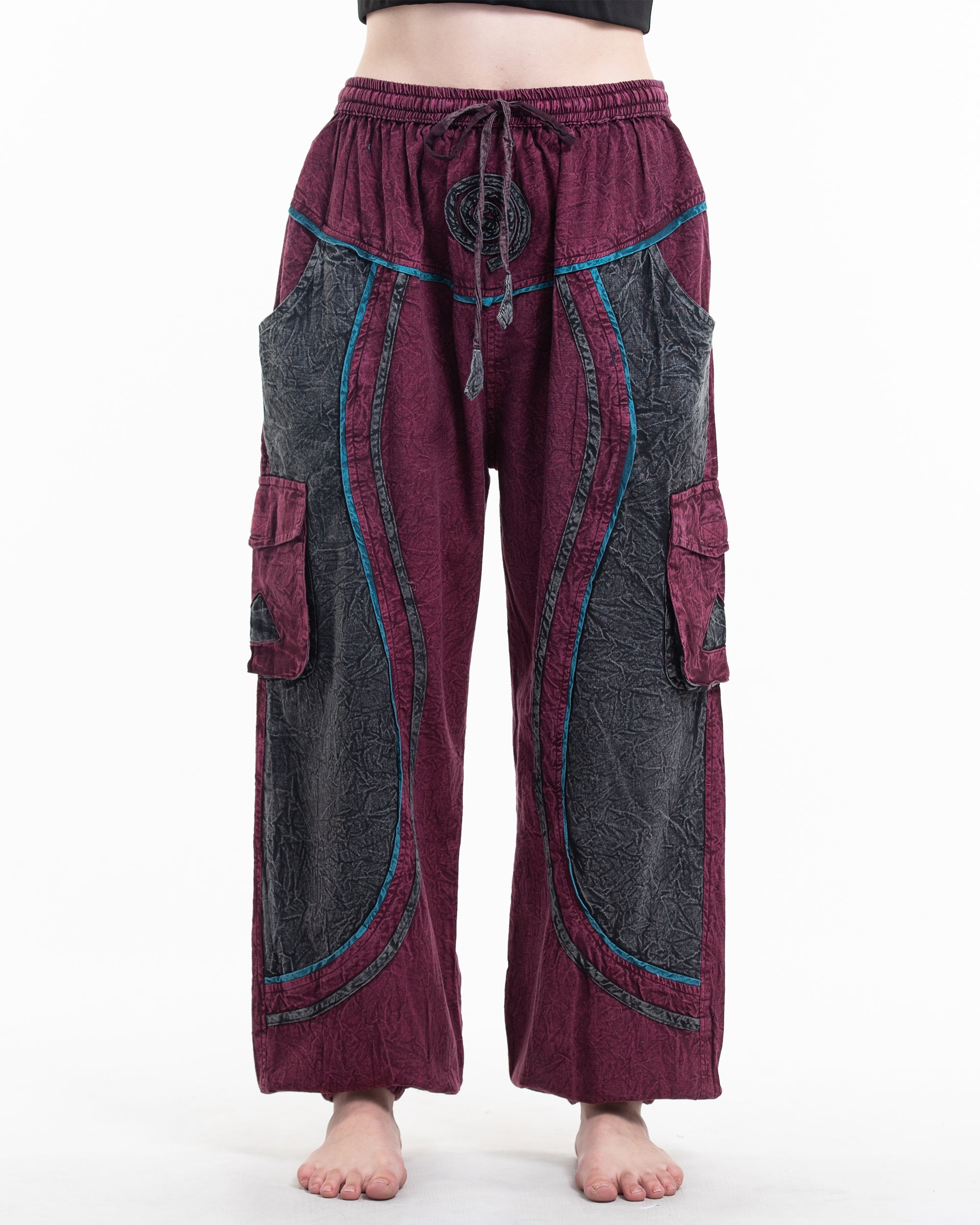 Women's Patchwork Stone Washed Cargo Cotton Pants in Red 03