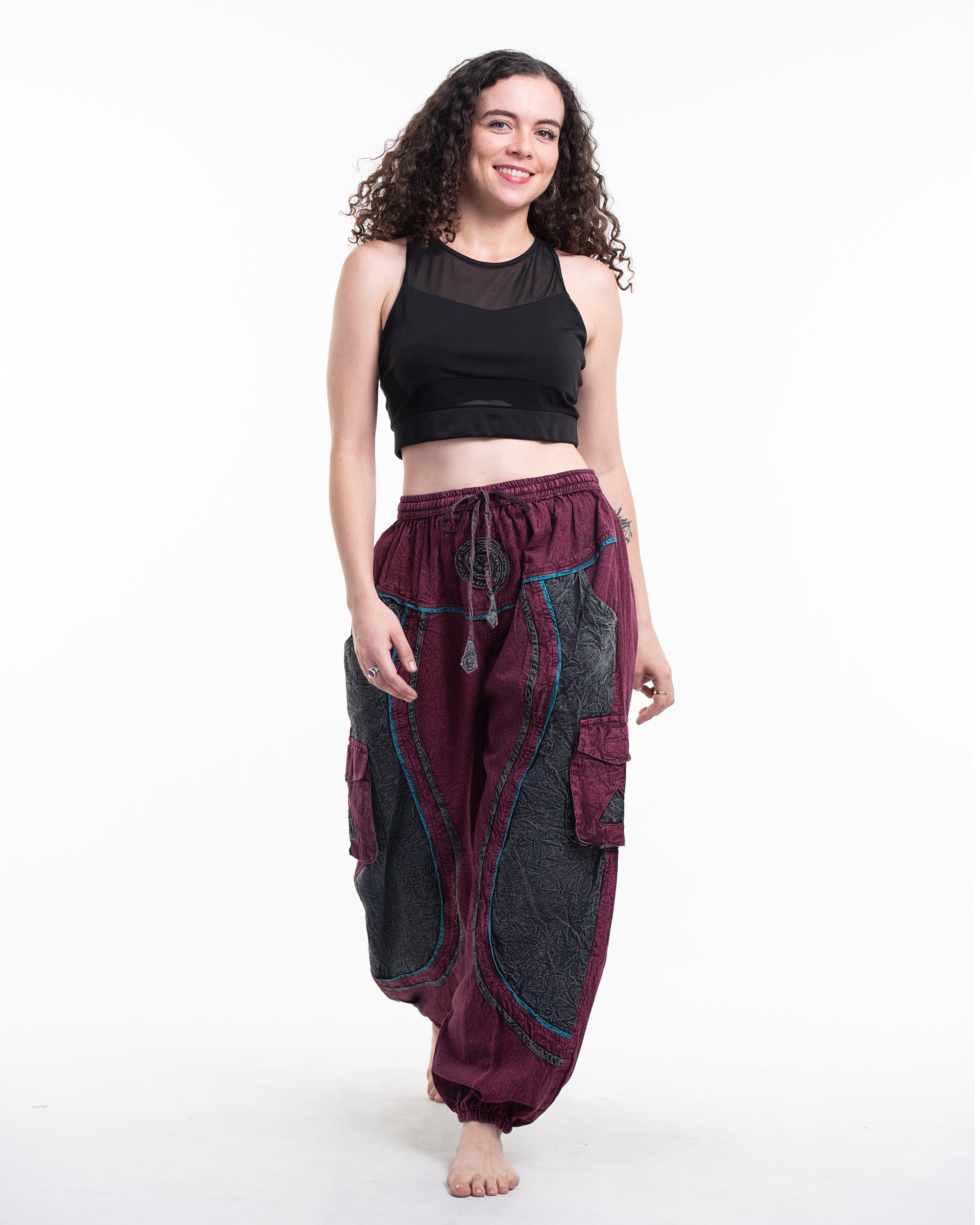Women's Patchwork Stone Washed Cargo Cotton Pants in Red 03